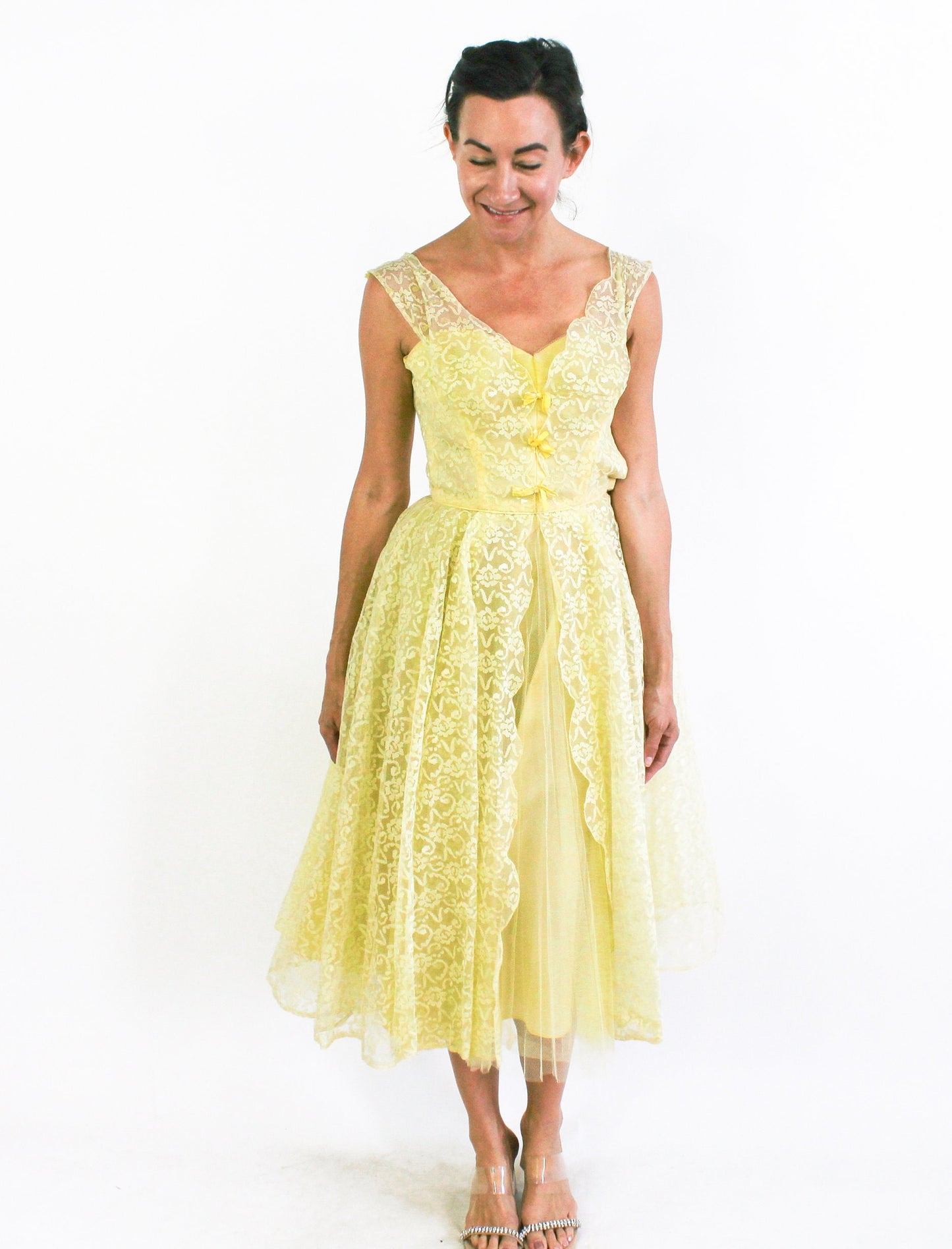 1940s Yellow Lace & Tulle Evening Dress, Extra Small