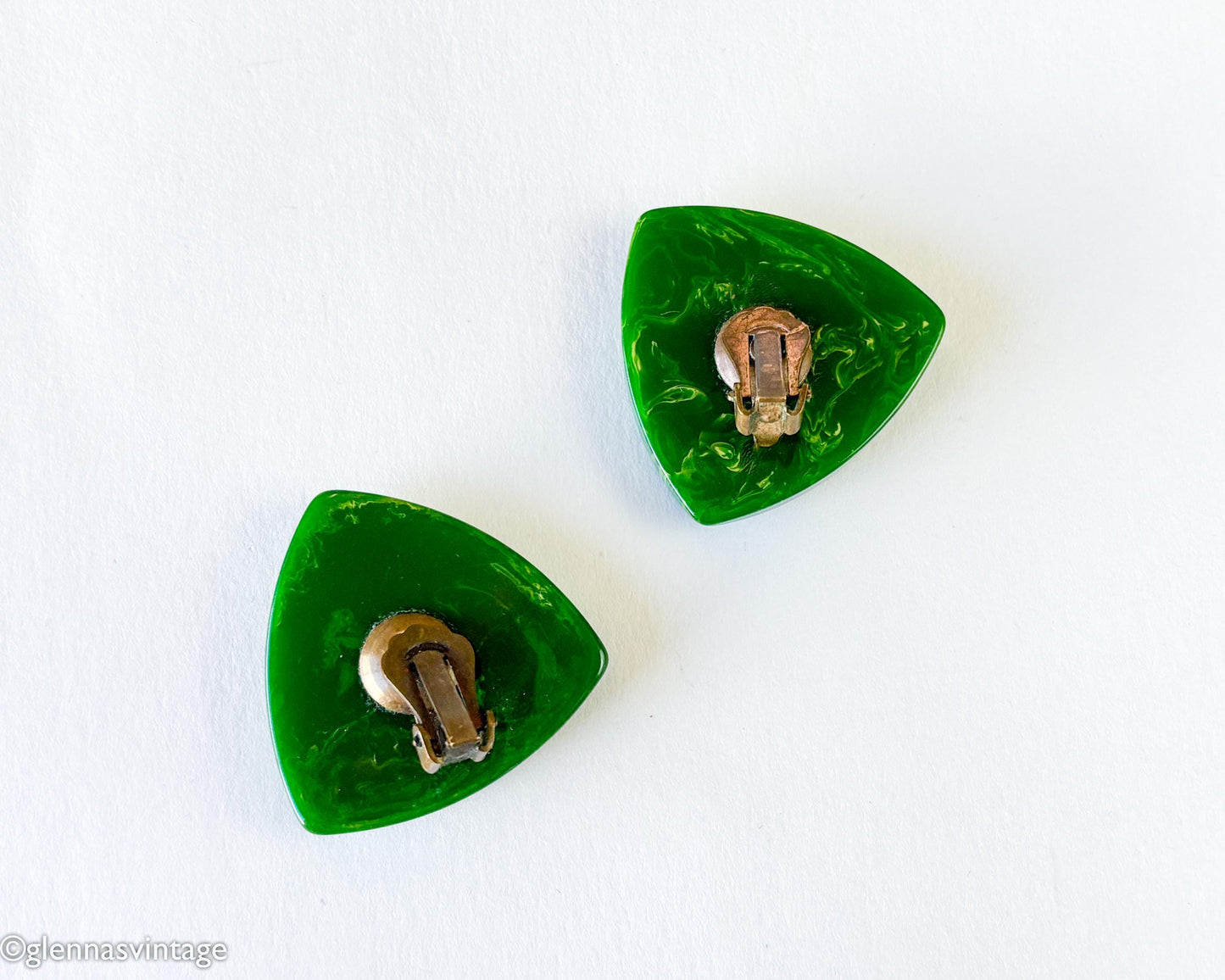 1940s Green Bakelite Earrings | Green Marble Plastic Clips