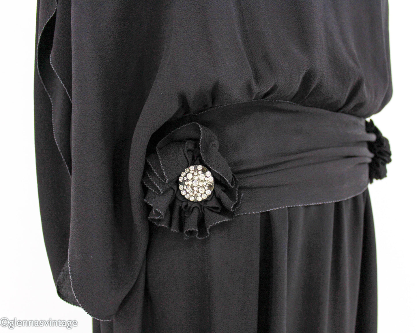 1920s Black Silk Crepe Flapper Dress with Rhinestone Detail, Large