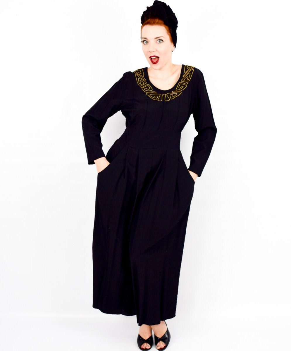 1990s Black Rayon Jumpsuit, Medium