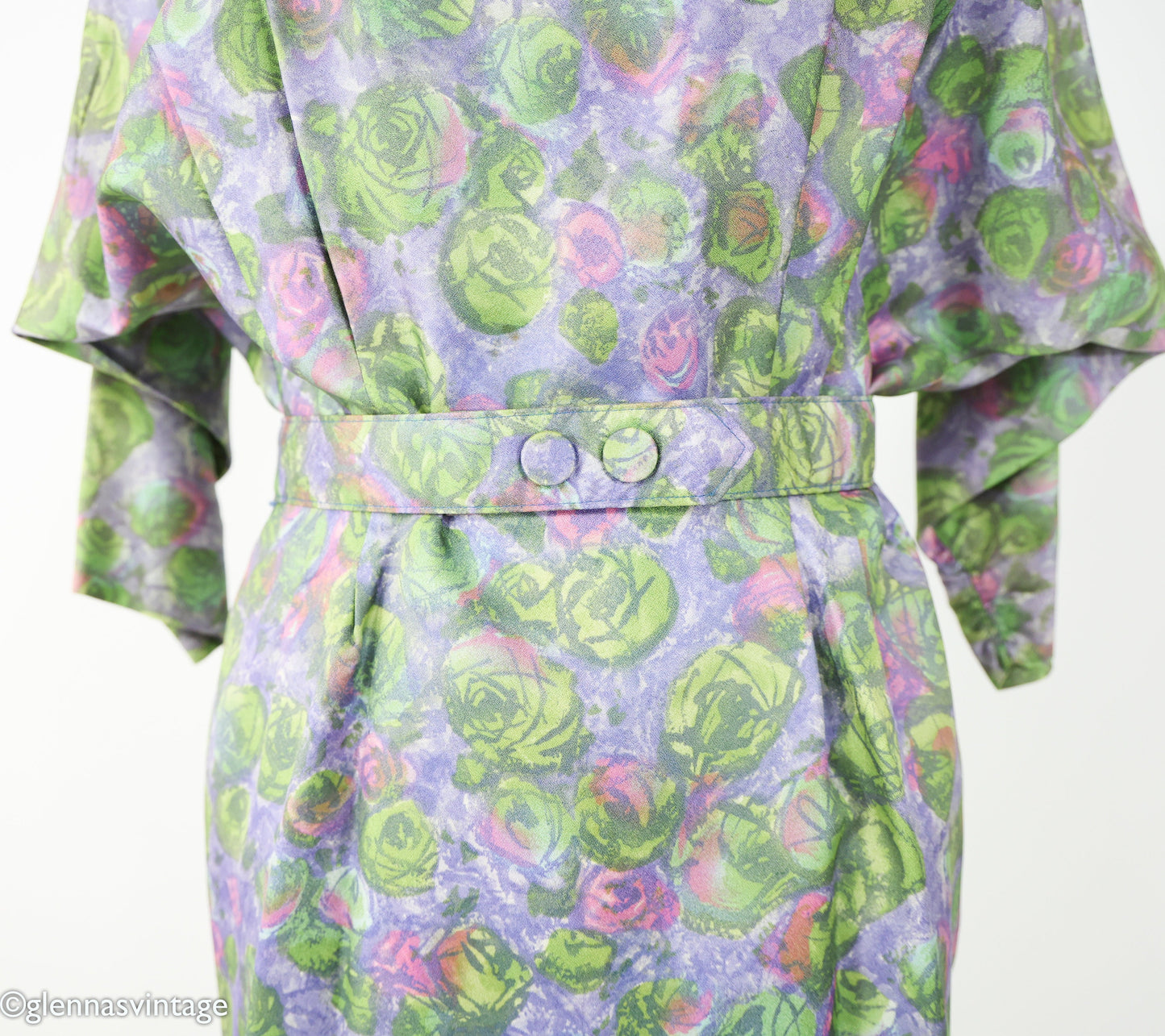 1950s Green Print Watercolor Day Dress, Large