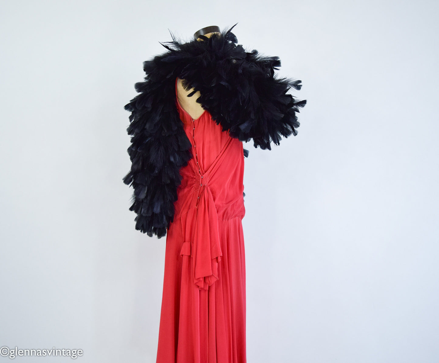 1900s Black Feather Boa with Silk Backing and Ties, Edwardian Era Scarf
