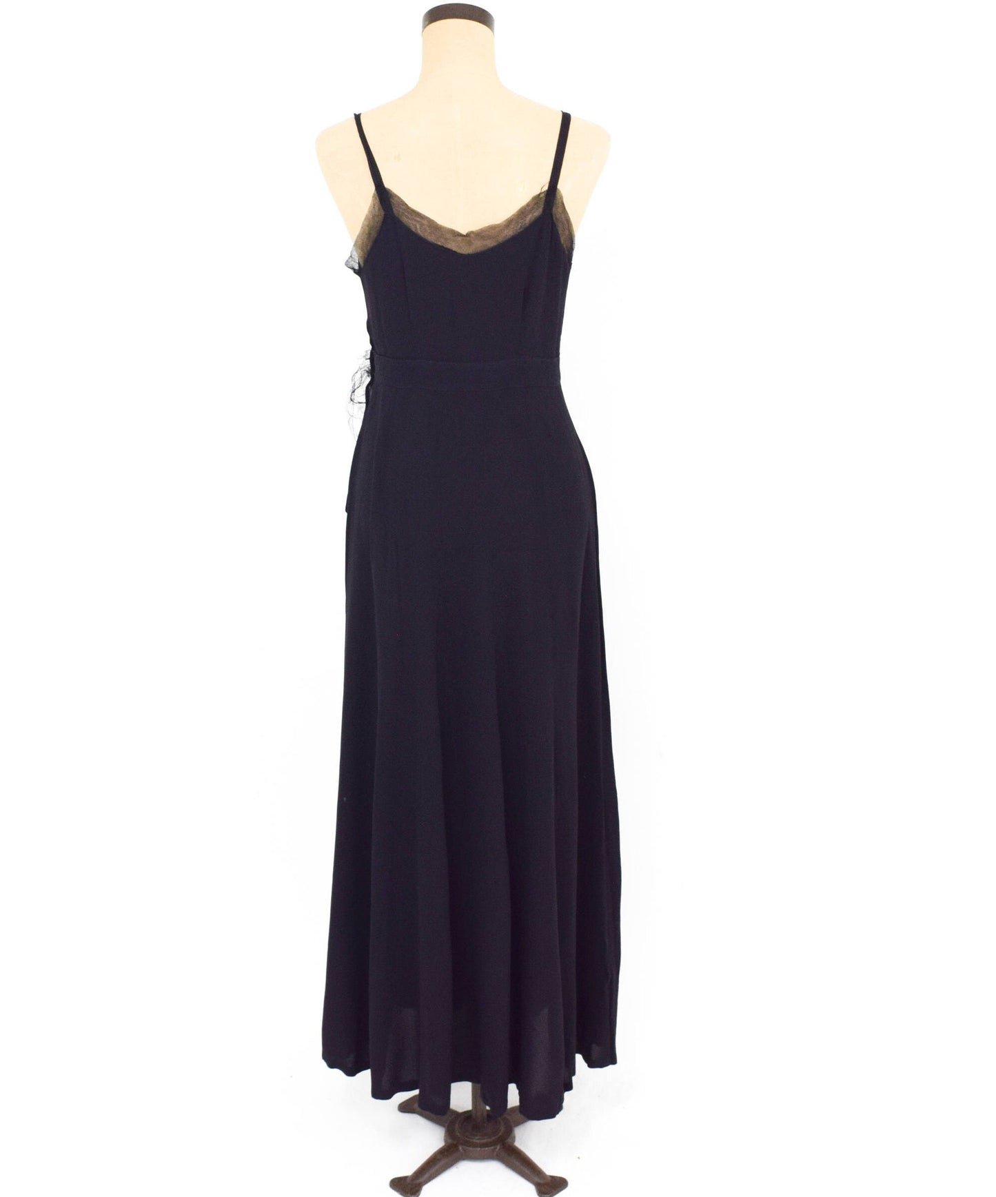 1930s Black Silk Crepe Evening Dress with Red Velvet Flower, Medium