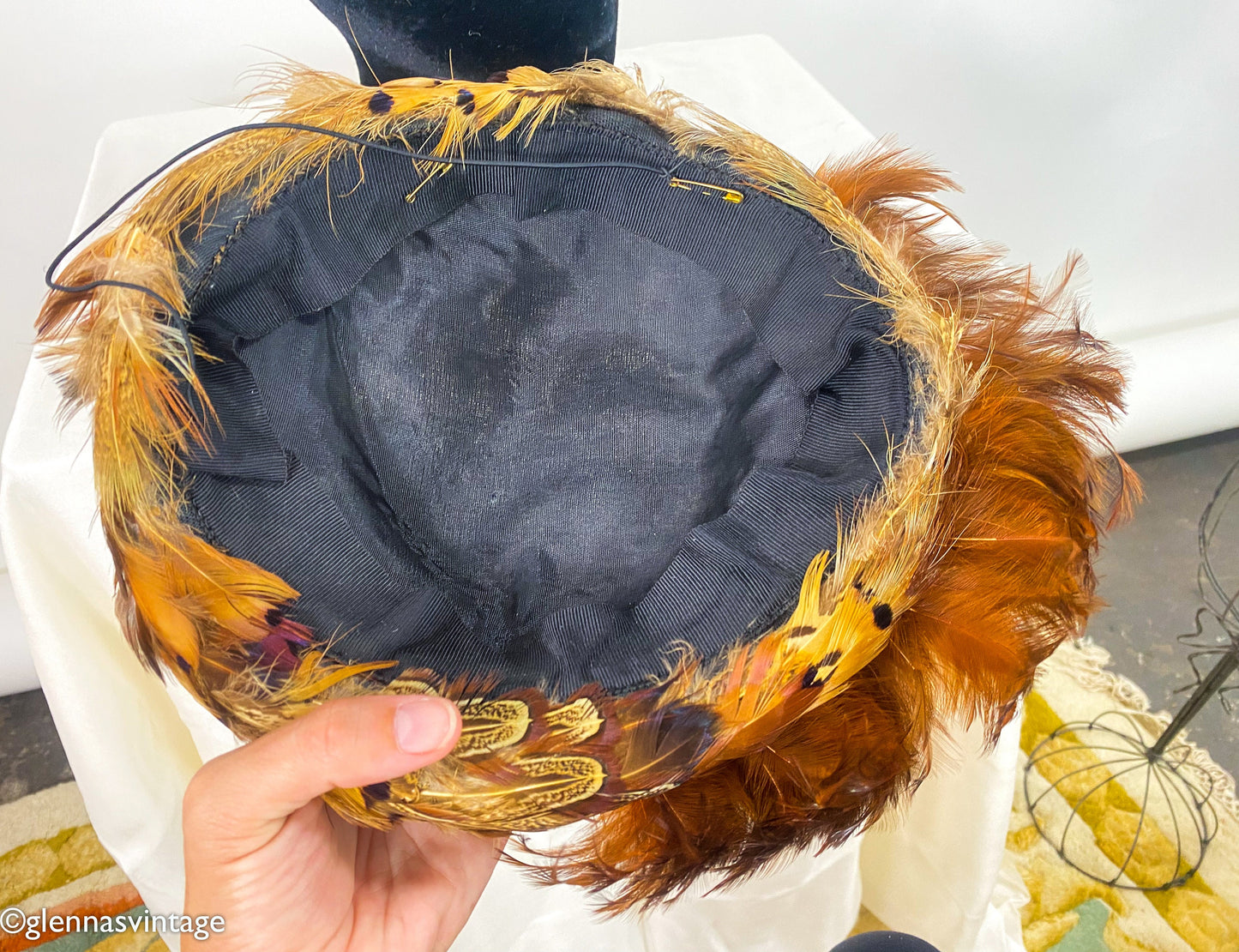 1940s Feather Fascinator Hat, Brown Quail Feather Saucer, Wool Felt