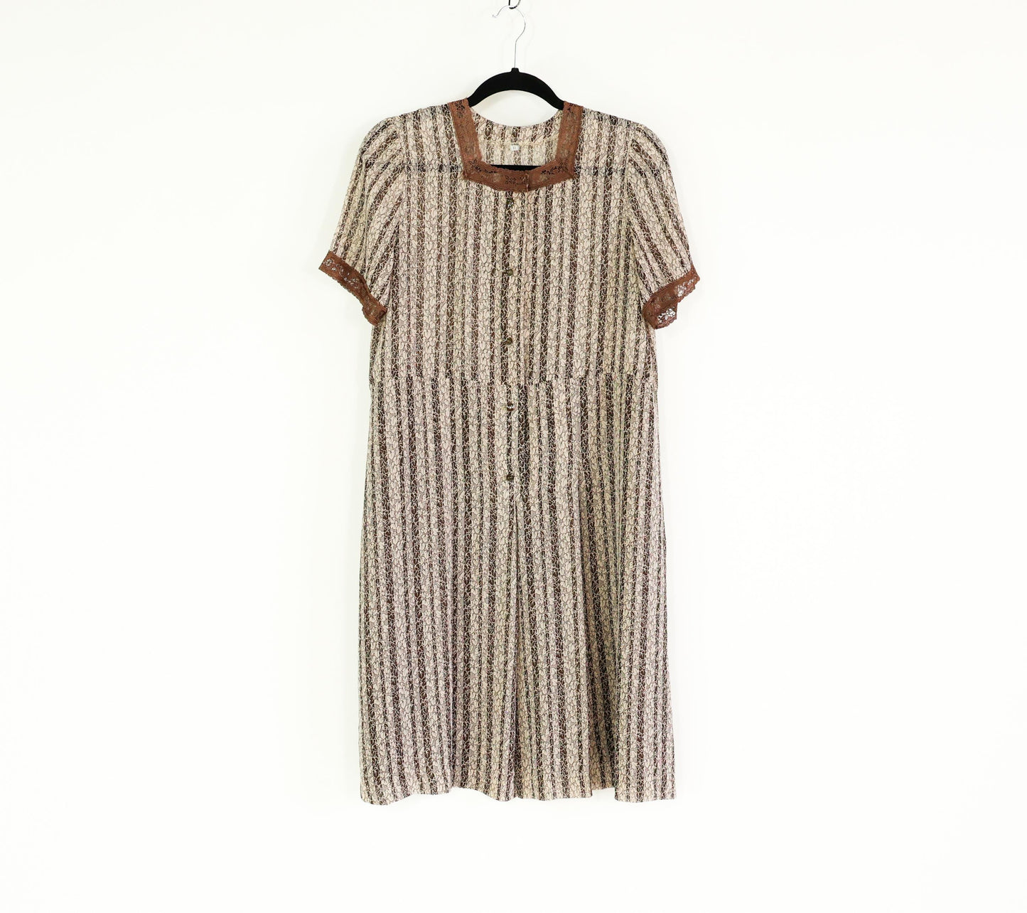 1940s Brown Striped Day Dress, Extra Large