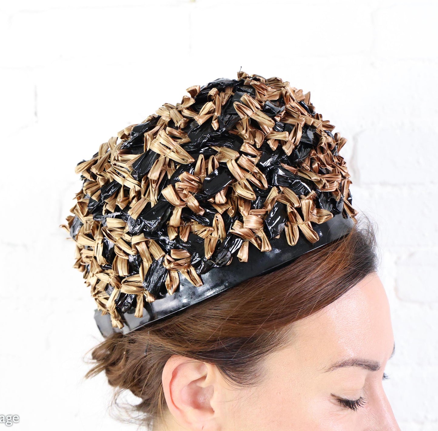1960s Brown Black Raffia Bubble Hat