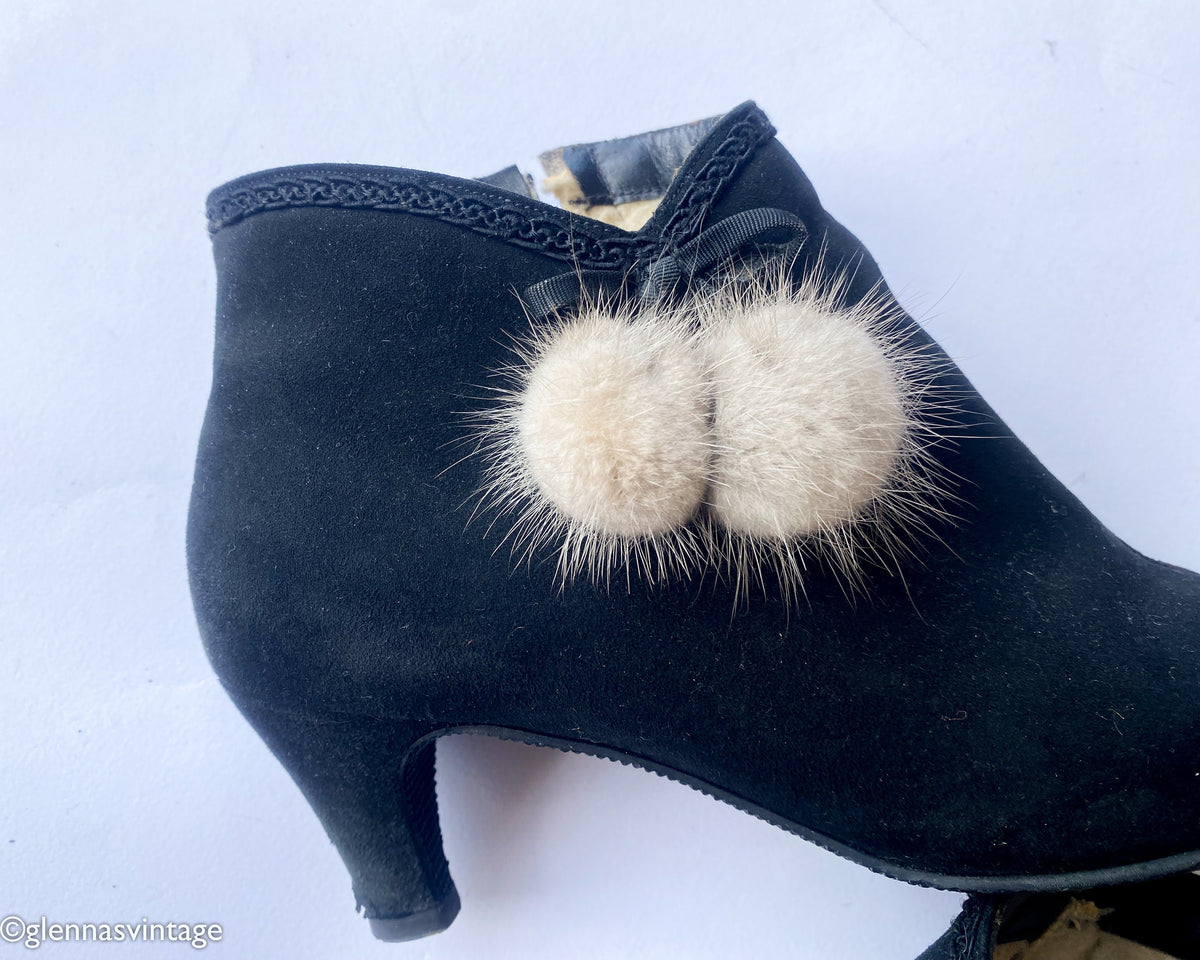 1950s Black Suede Booties with Mink Fur Pom Poms, Size 6
