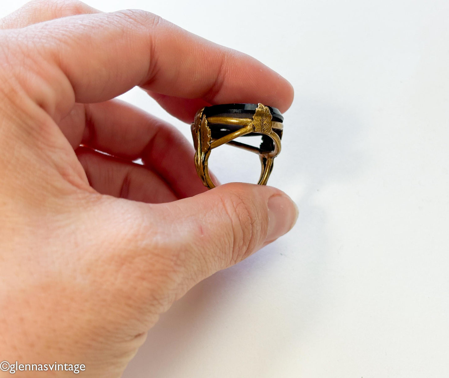 1920s Art Deco Black Glass Ring | Gilt Brass Leaves, Size 5.75