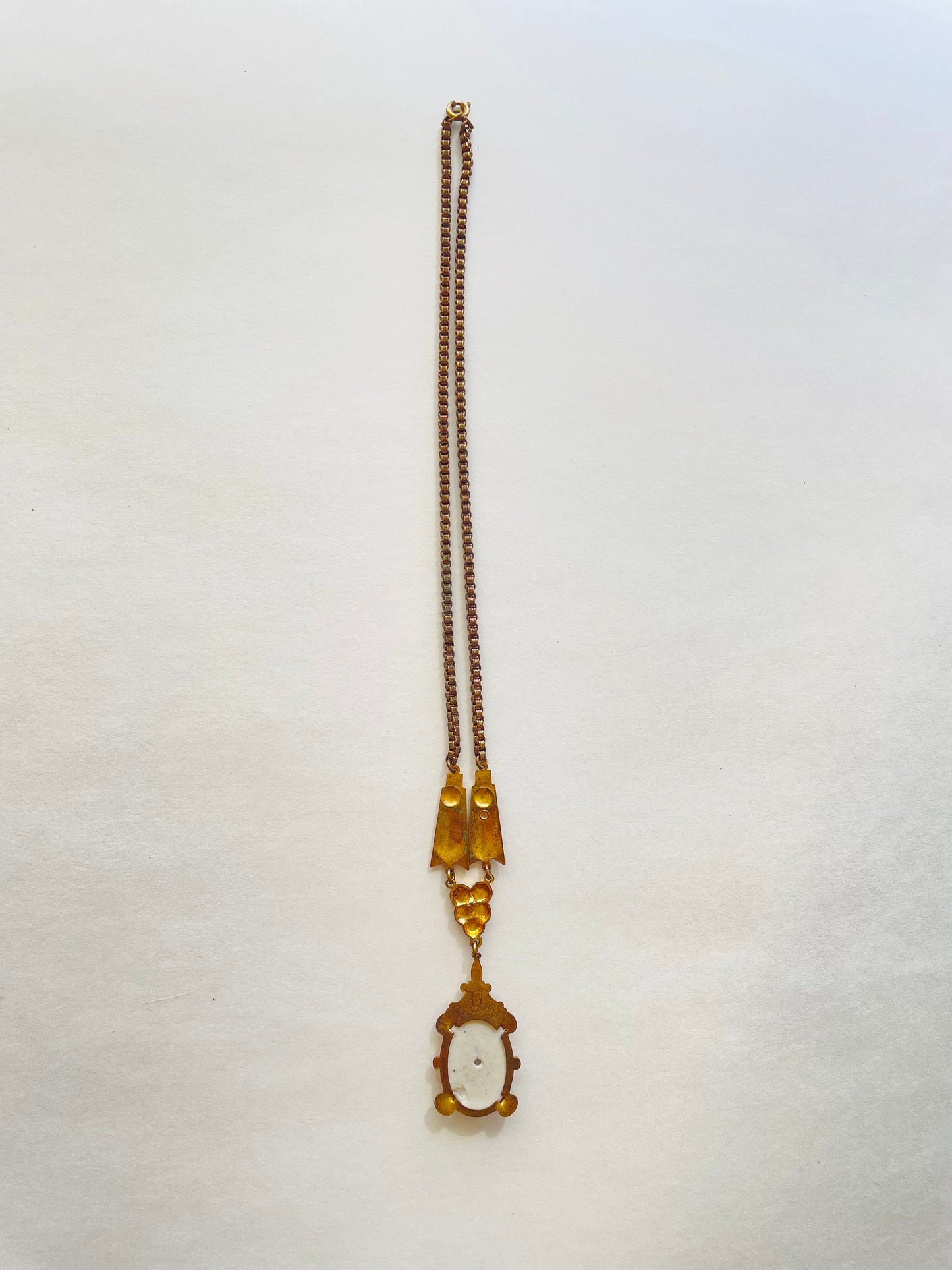1920s Porcelain Pendant Necklace | Gold Victorian Couple, Brass Chain