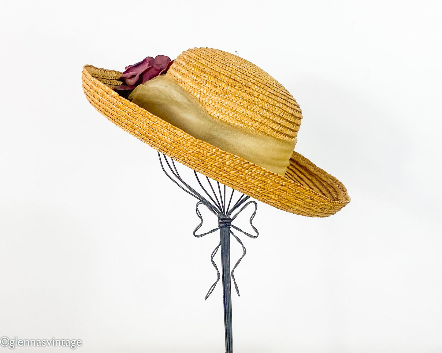 Vintage 90s Straw Hat with Dusty Rose