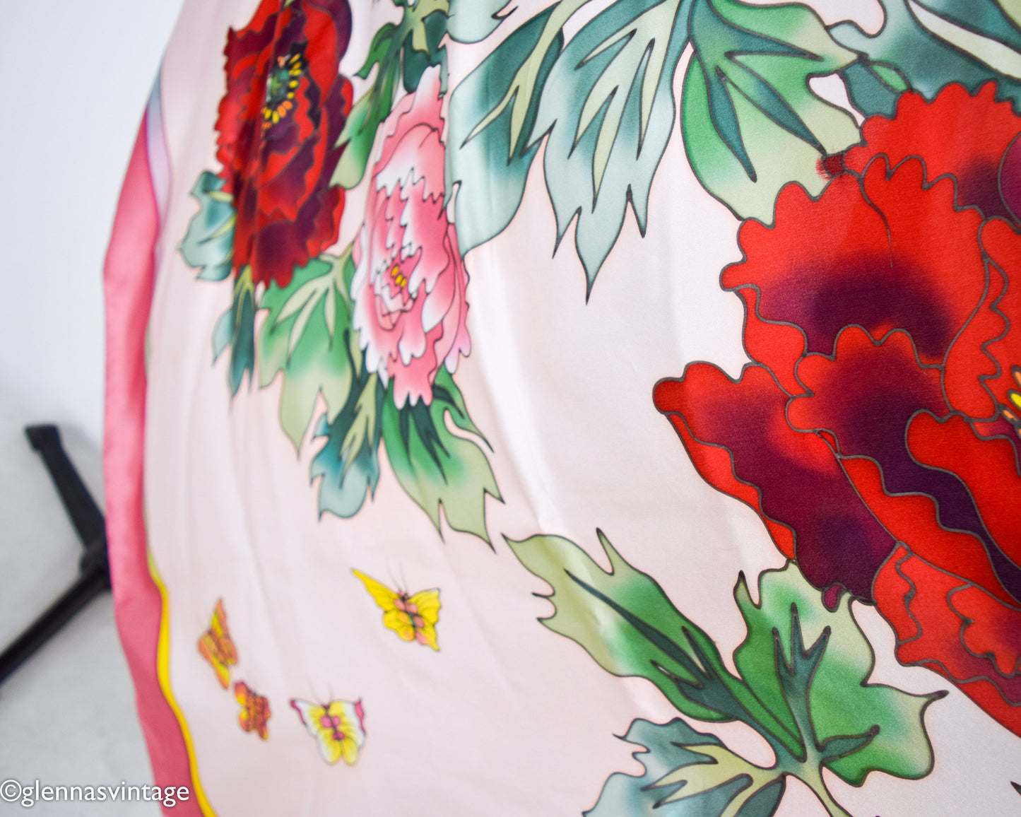 1980s Red Pink Floral Print Silk Scarf, Peony Flowers