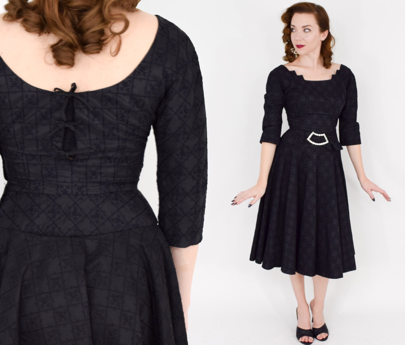 1940s Black Taffeta Cocktail Dress with Rhinestone Belt, Small