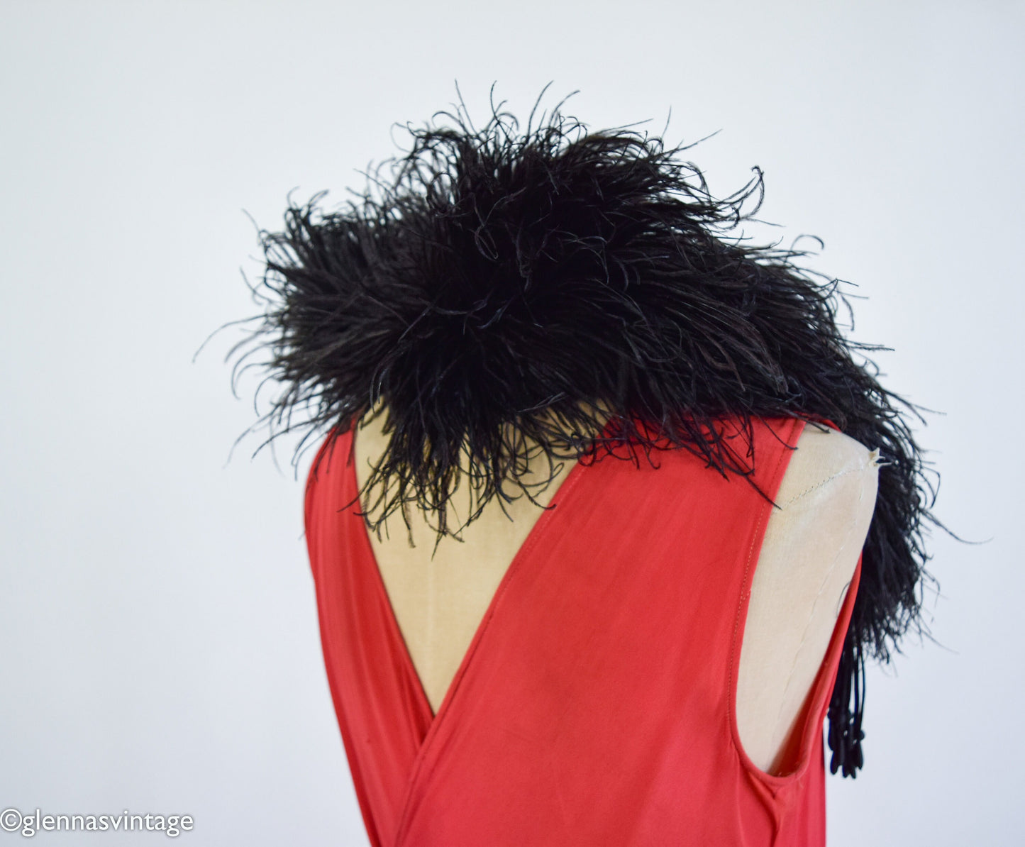 1900s Black Ostrich Feather Stole Boa with Beaded Tassels, Edwardian Era Scarf