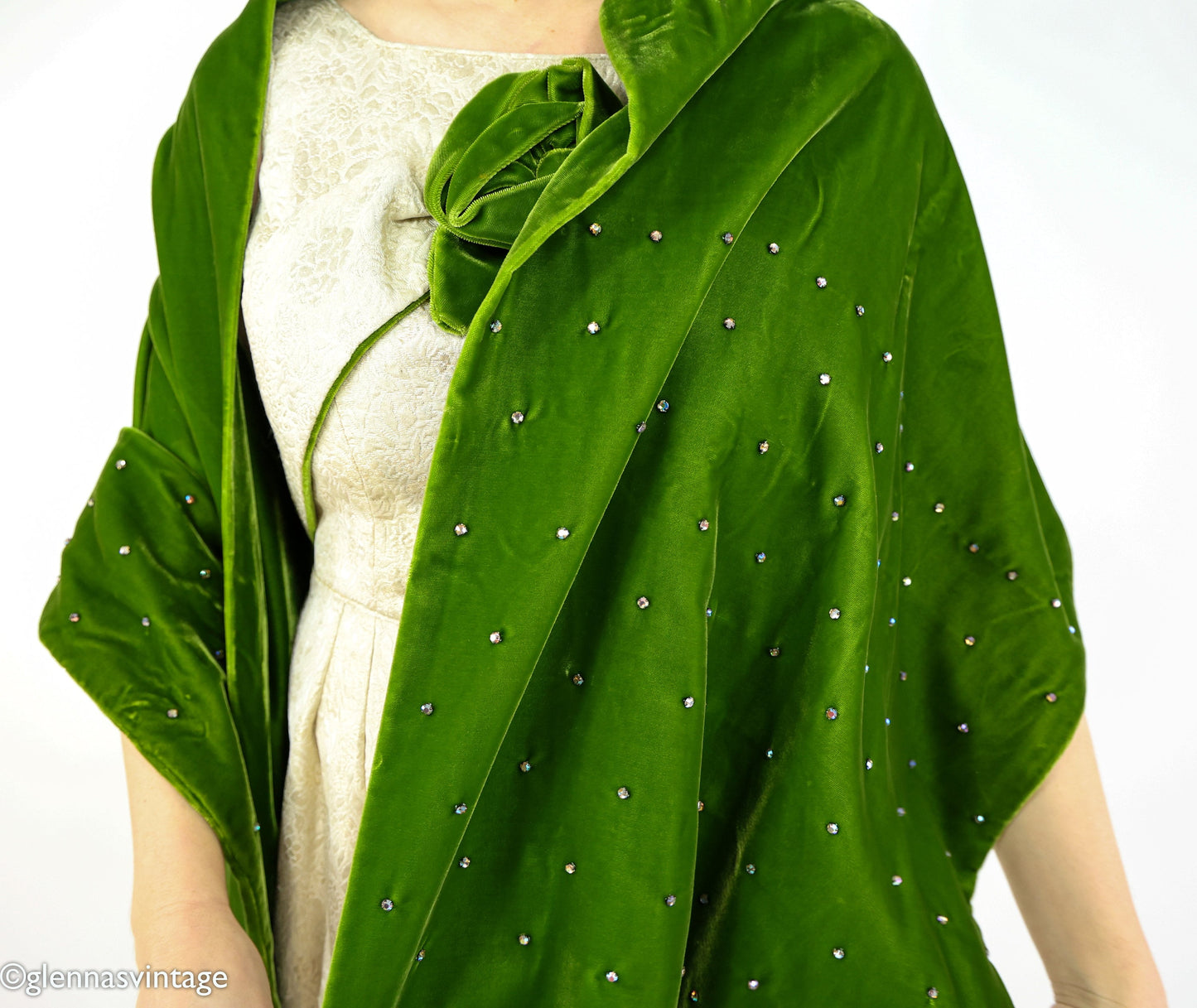 1950s Vintage Brocade Cocktail Dress with Green Velvet Rhinestone Shawl | Medium