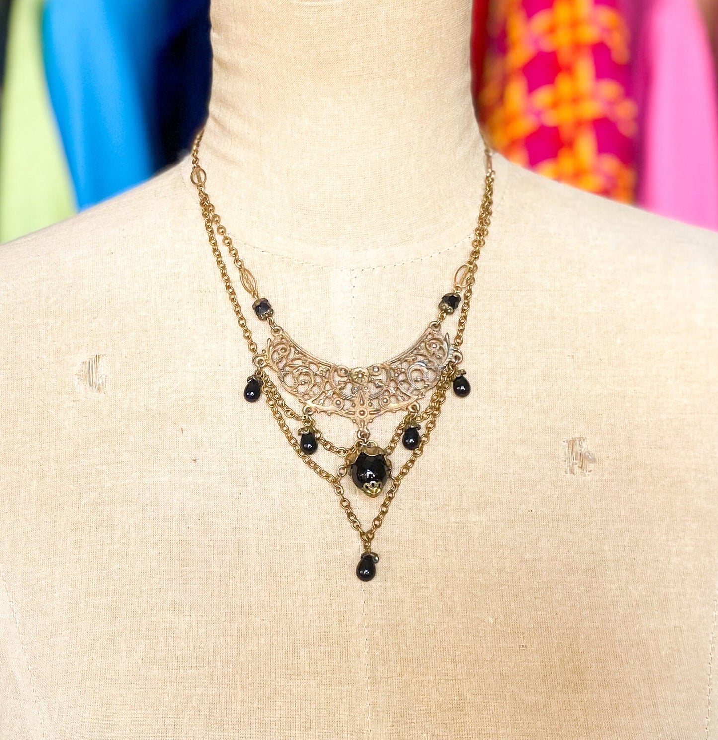 1940s Filigree Brass Necklace with Black Glass Pendant