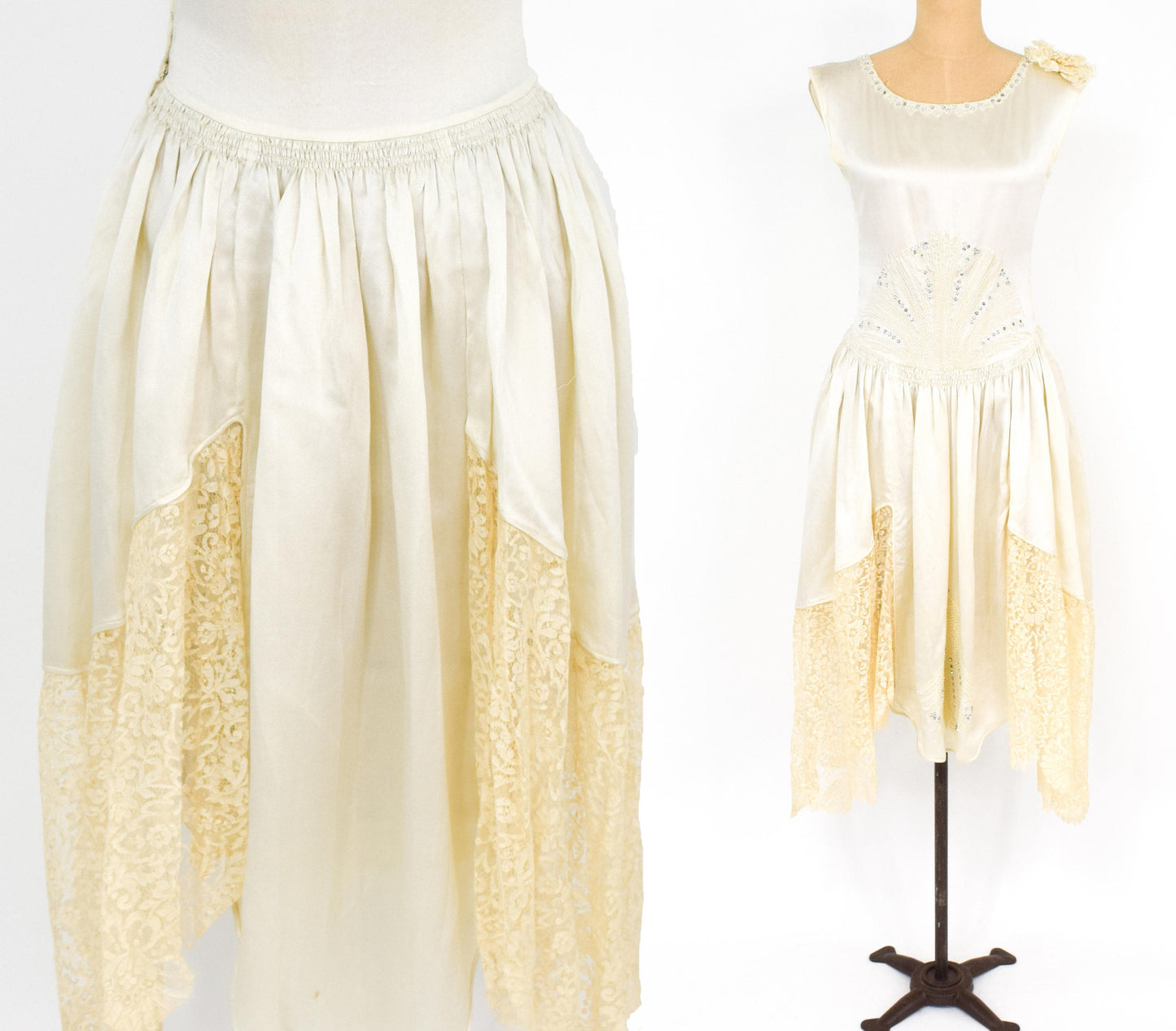 1930s White Silk Beaded Wedding Dress with Rhinestones & Lace, Small