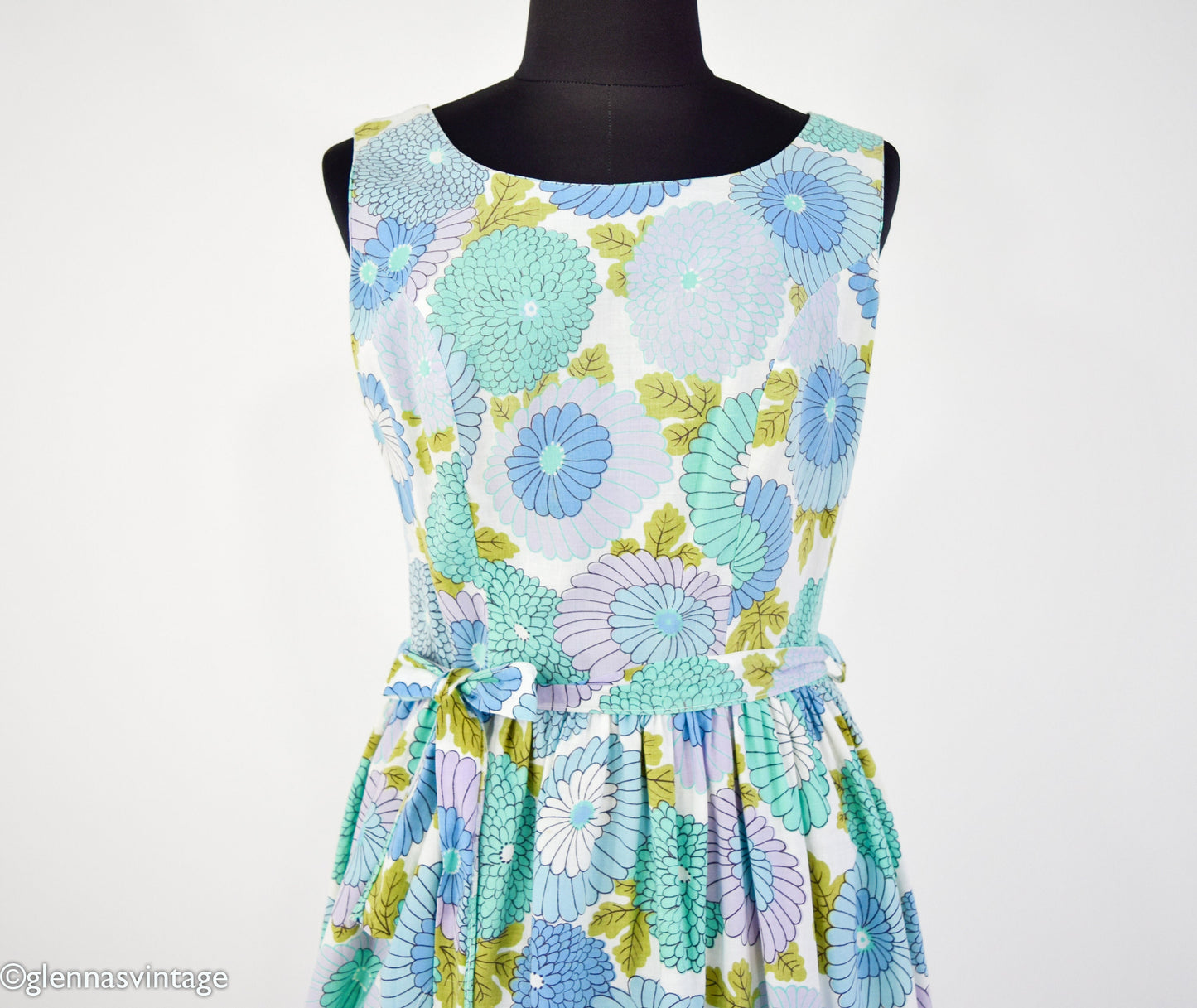 1950s Blue Turquoise Floral Print Cotton Day Dress, Medium