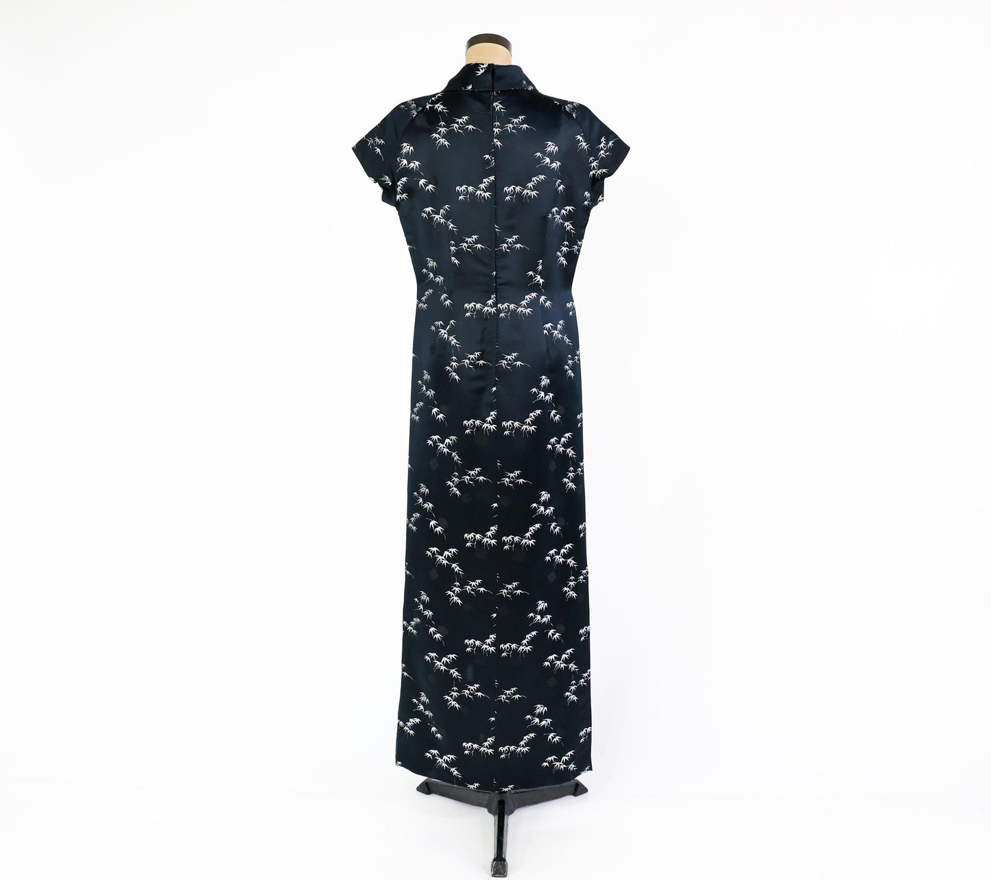 1950s Black & Silver Silk Evening Dress, Long Cheongsam Style Evening Dress, Large
