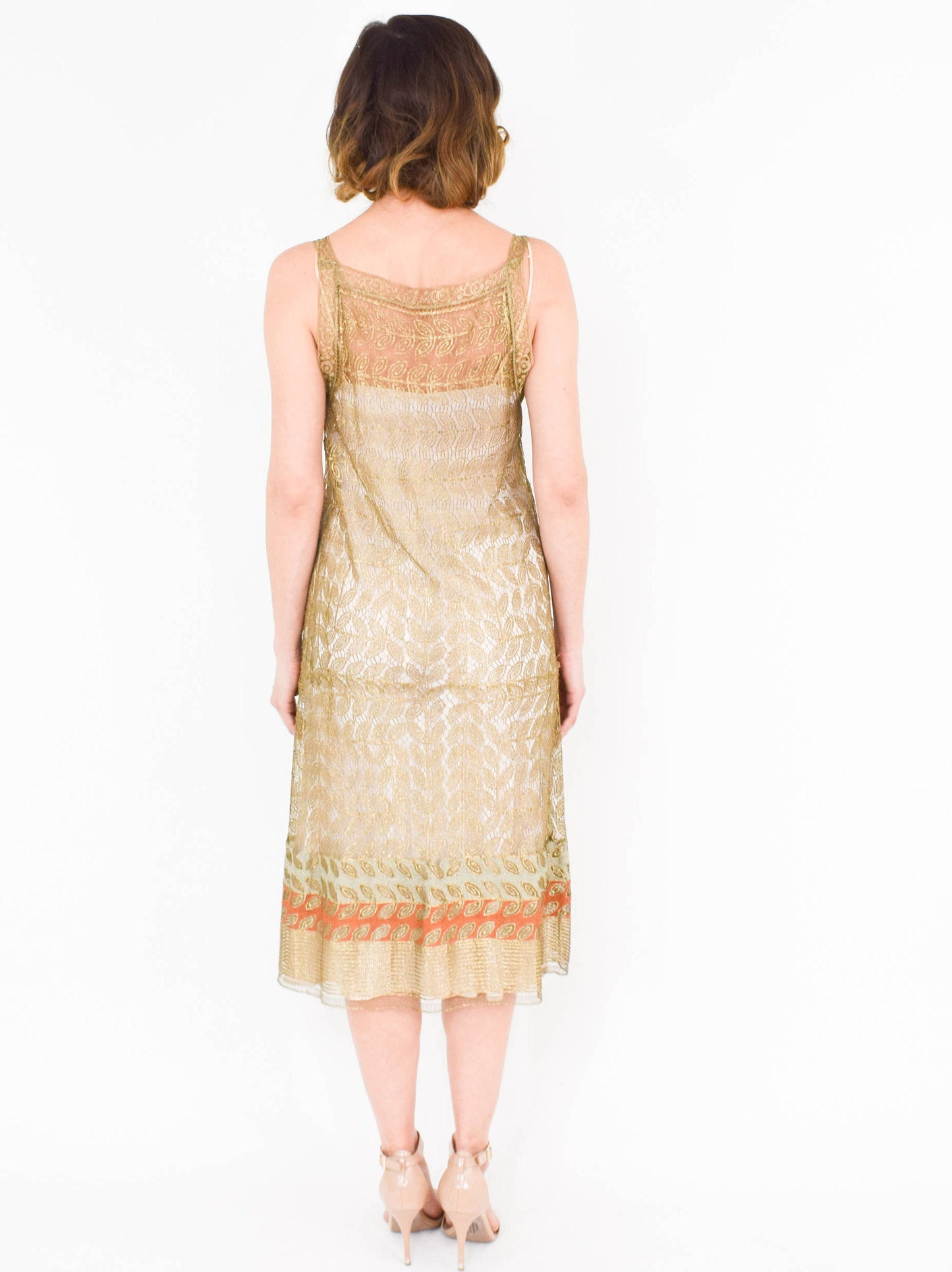 1920s Gold Lace Evening Dress, Gold Metallic Sheath Dress, Medium