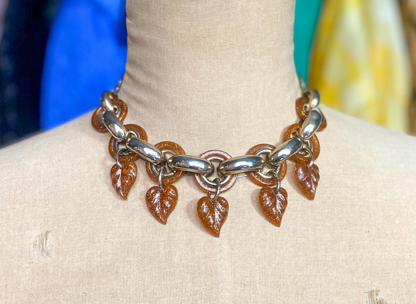 1960s Glitter Leaf Necklace | Brown Plastic, Gold Chain