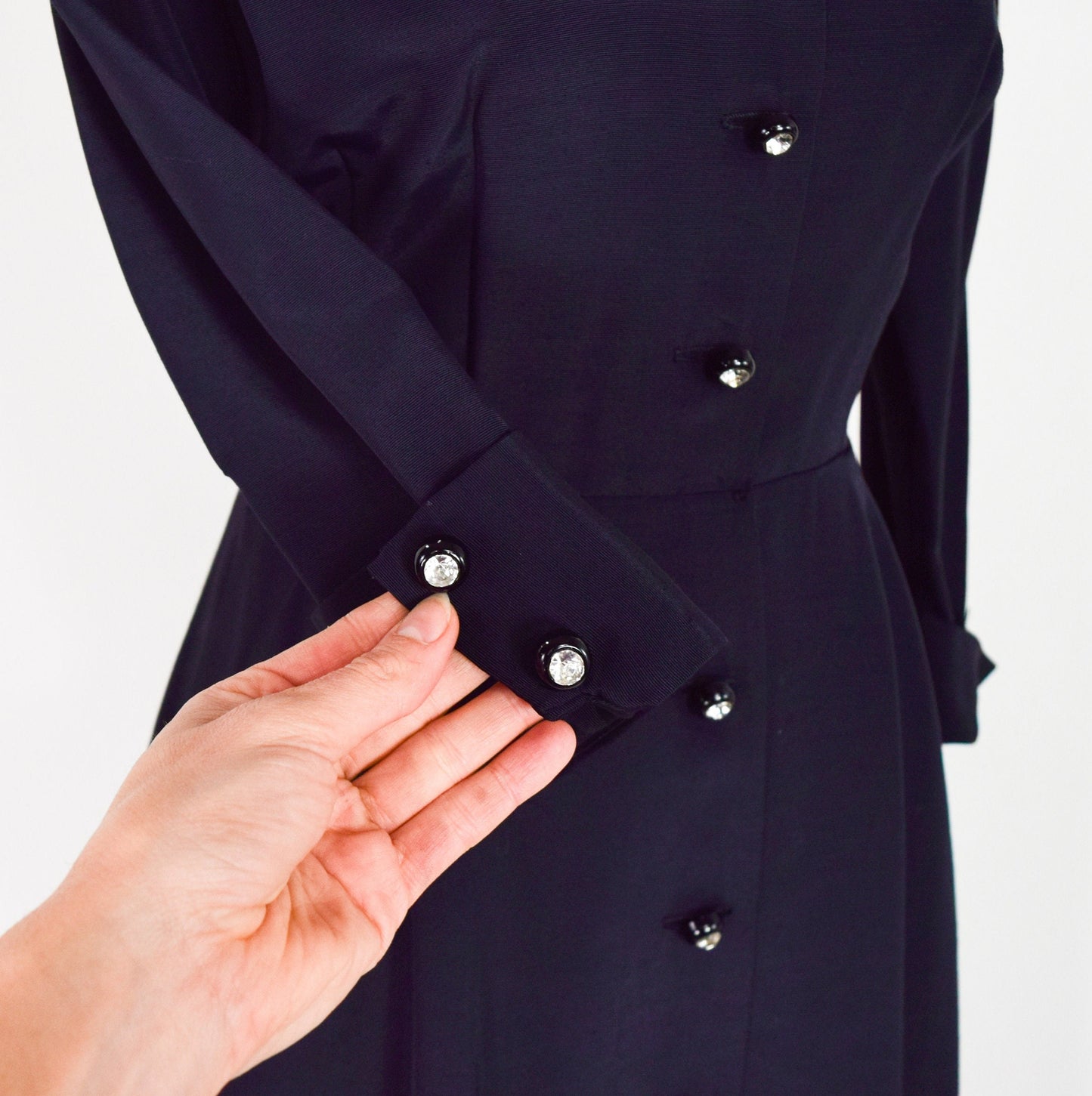 1950s Black Faille Party Dress with Rhinestone Buttons, Medium