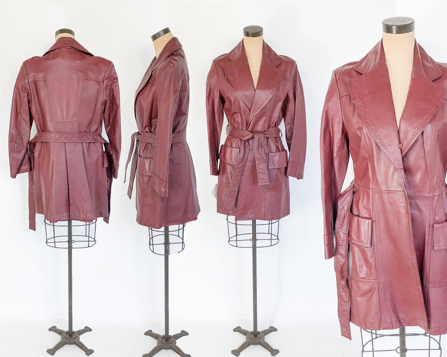 1970s Brown Hooded Leather Trench Coat | 70s Short Maroon Leather Jacket | Maroon Leather Trench Coat