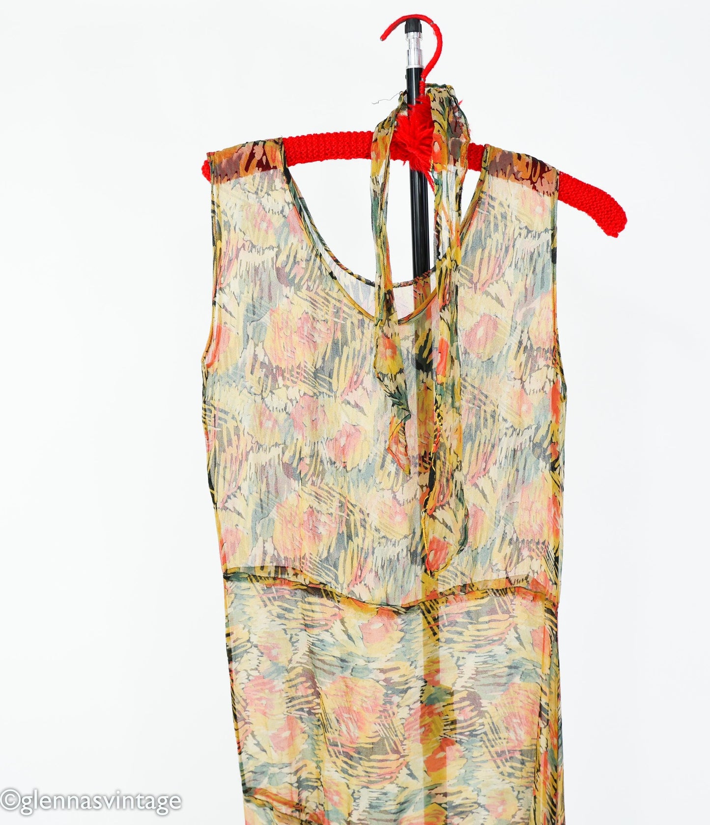 1930s Floral Print Silk Chiffon Dress with Asymmetrical Hem, Extra Small