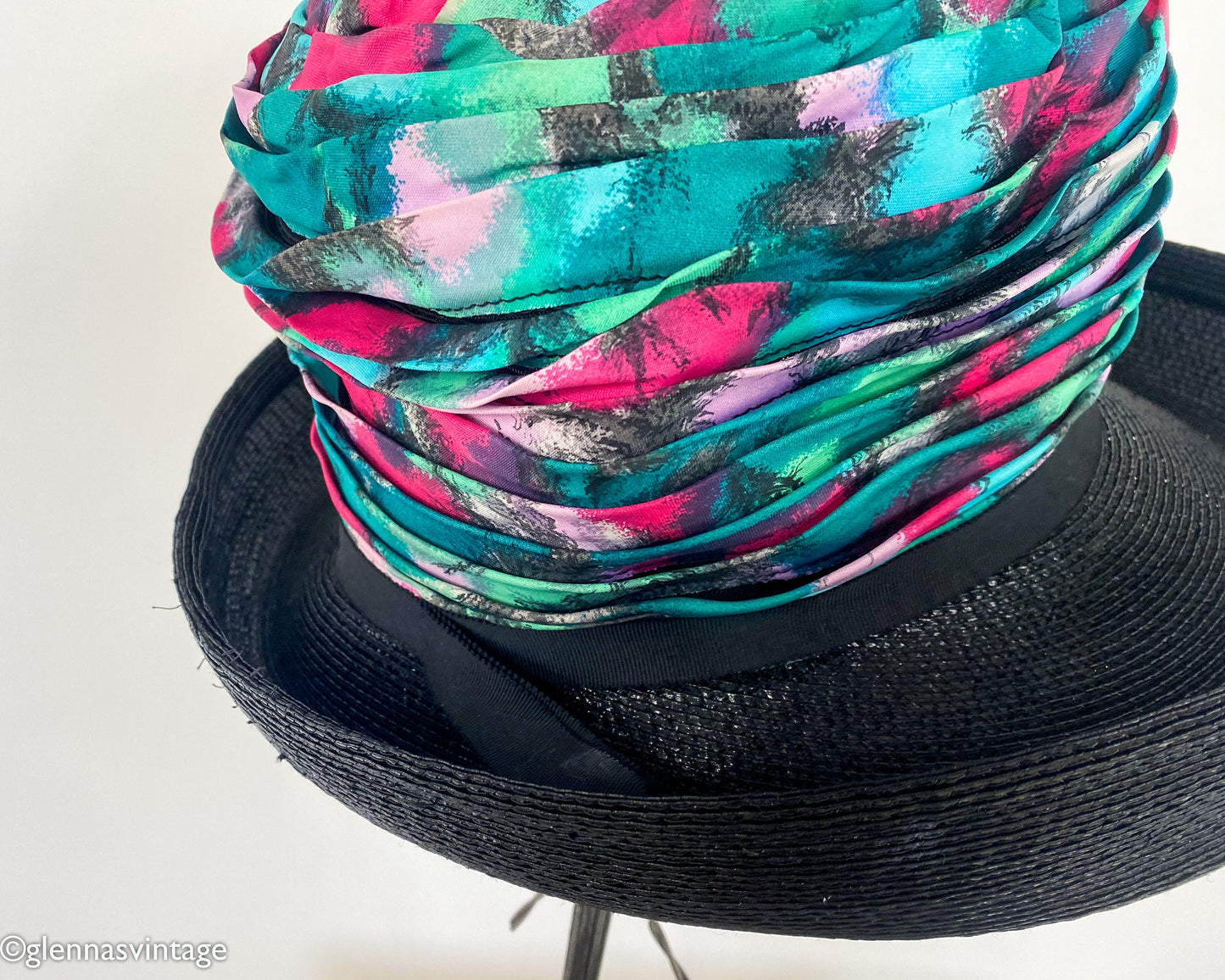 1960s Turquoise Print Silk High Crown Hat