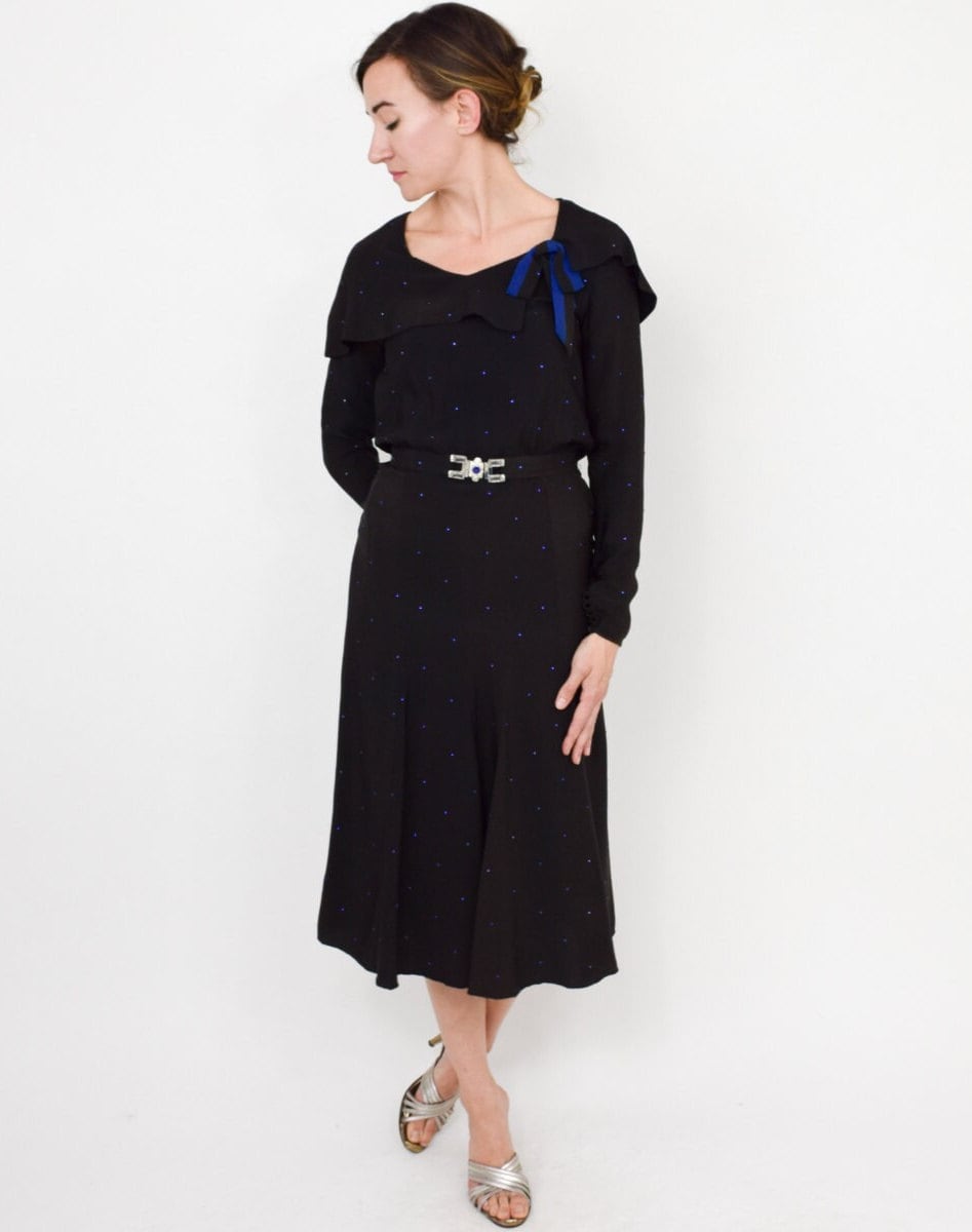 1930s Black Silk Crepe Dress with Rhinestone Collar, Small