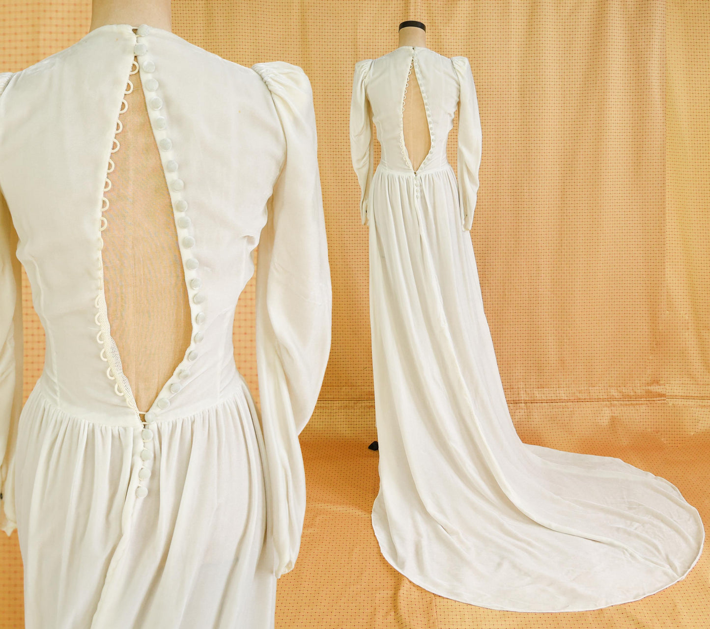 1930s Ivory Velvet Wedding Dress with Long Train, Extra Small