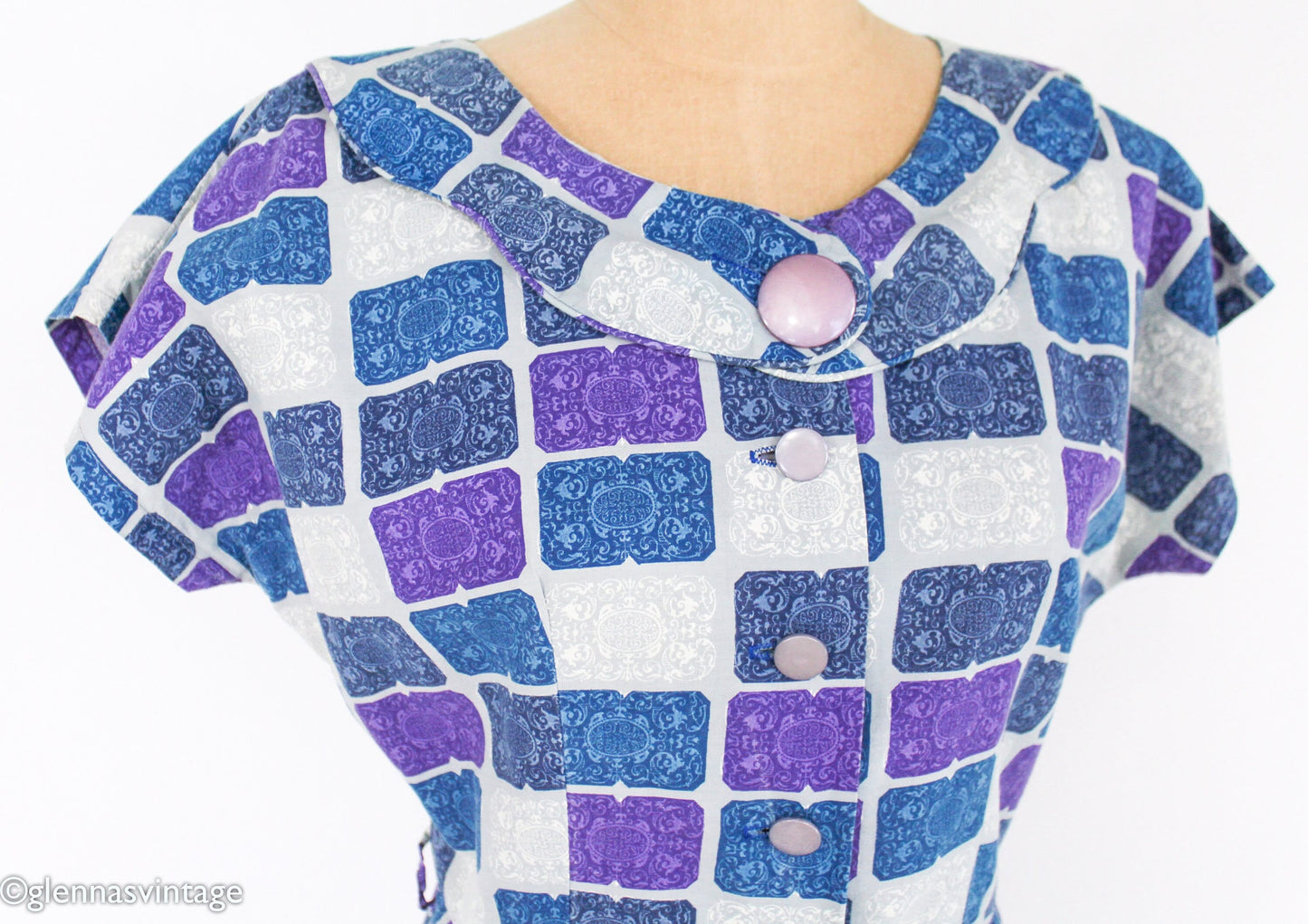 1950s Blue Purple Print Cotton Day Dress Rockabilly, Large