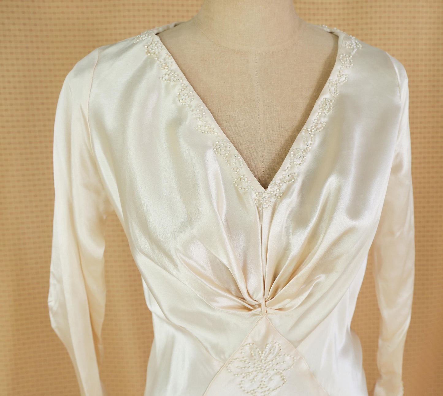 1930s Ivory Silk Beaded Wedding Dress, Large