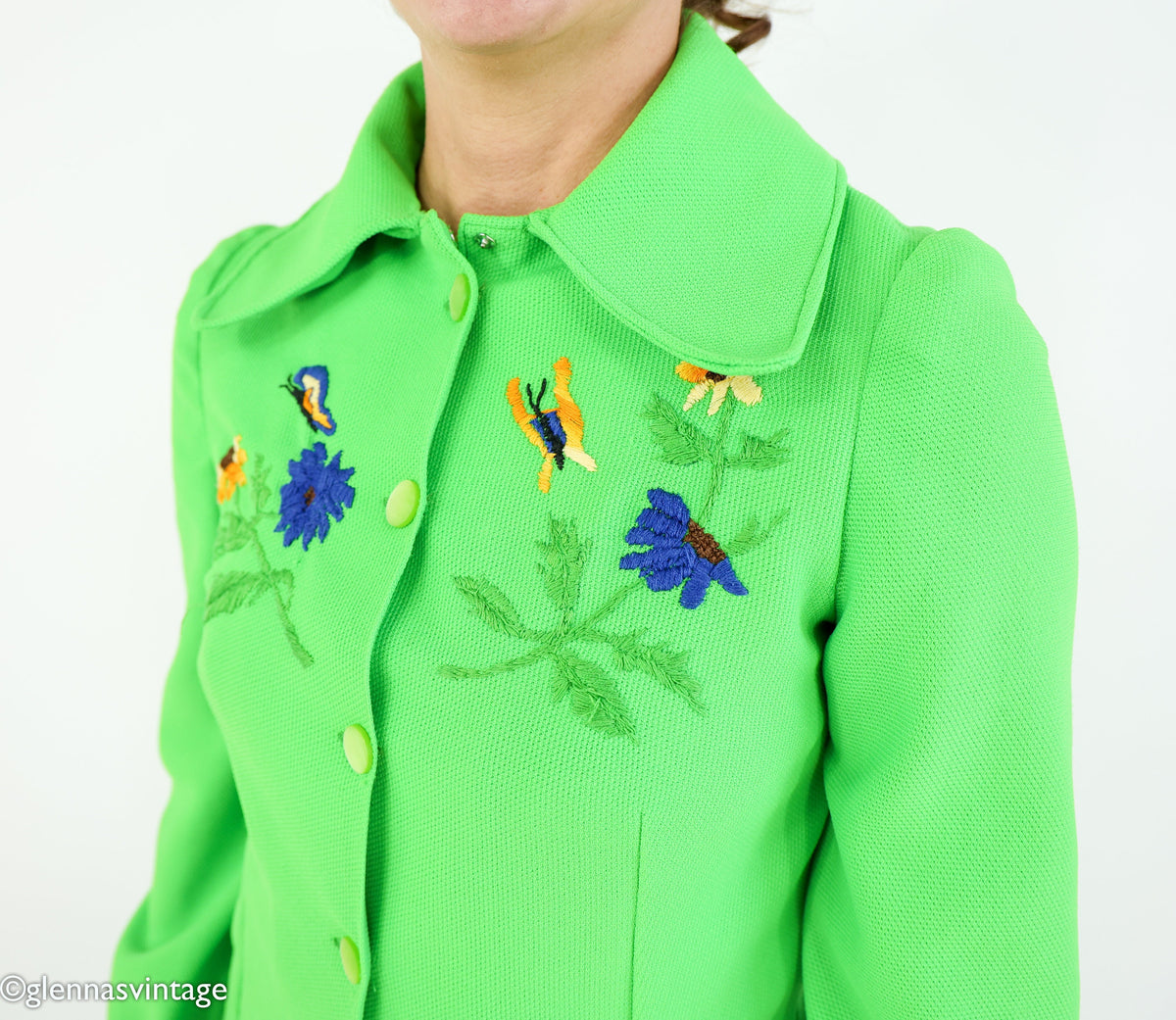 1970s Bright Green Polyester Pantsuit, Top & Pants Set, Small