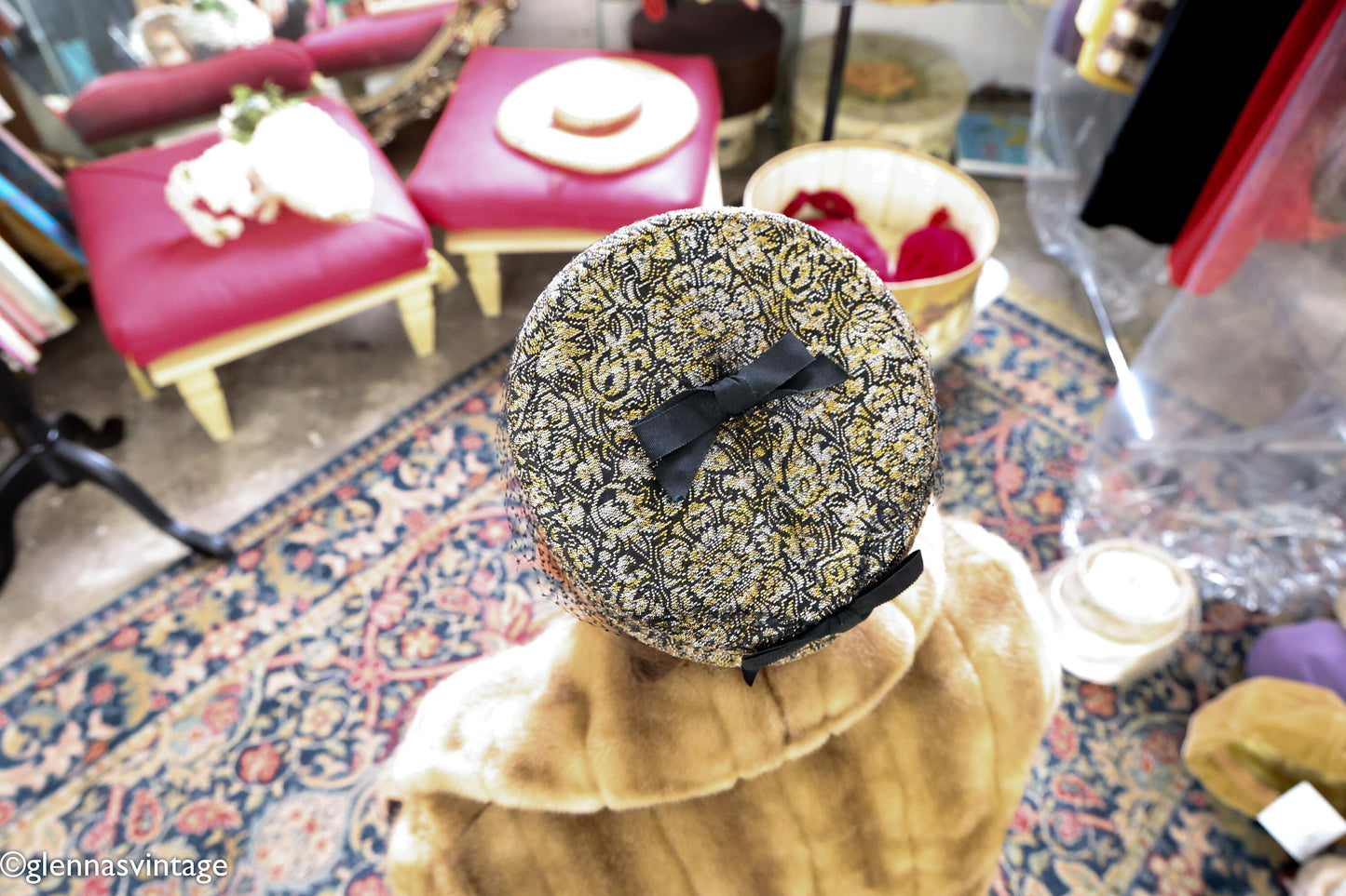 1960s Black & Gold Metallic Pillbox Hat