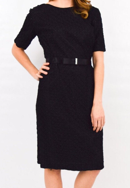 1950s Black Ribbon Lace Dress, Crochet Look, Medium