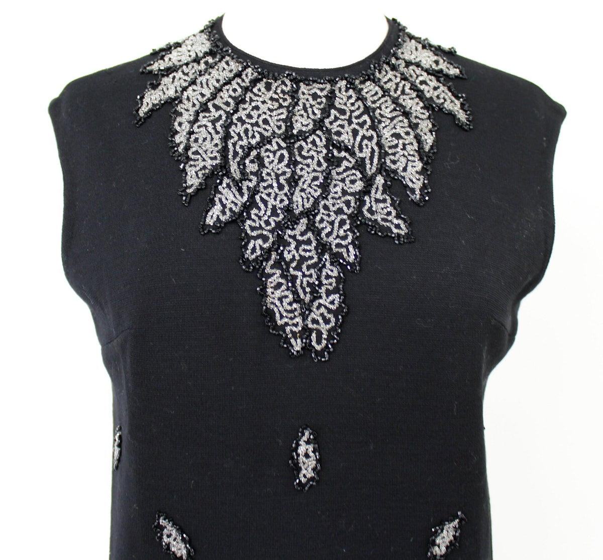 1960s Black Sleeveless Beaded Wool Sweater, Medium