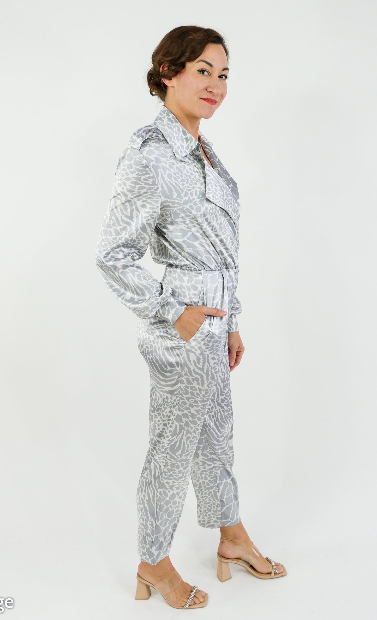 1980s Giraffe Print Silver Jumpsuit, Medium