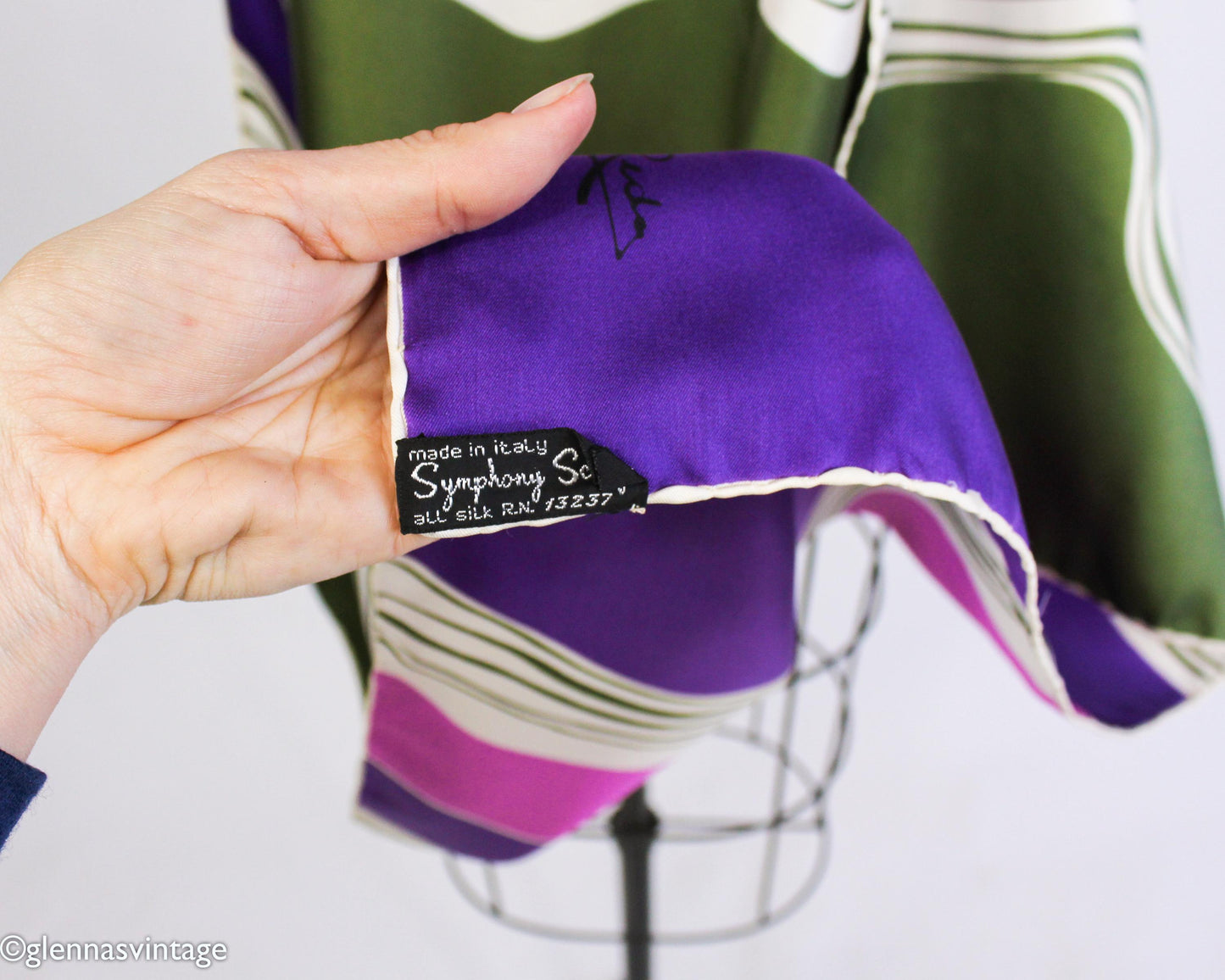 1980s Purple Green Pink Abstract Print Silk Scarf
