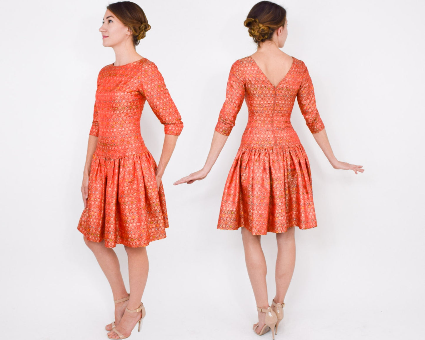 1950s Orange Silk Brocade Party Dress | Drop Waist, XS