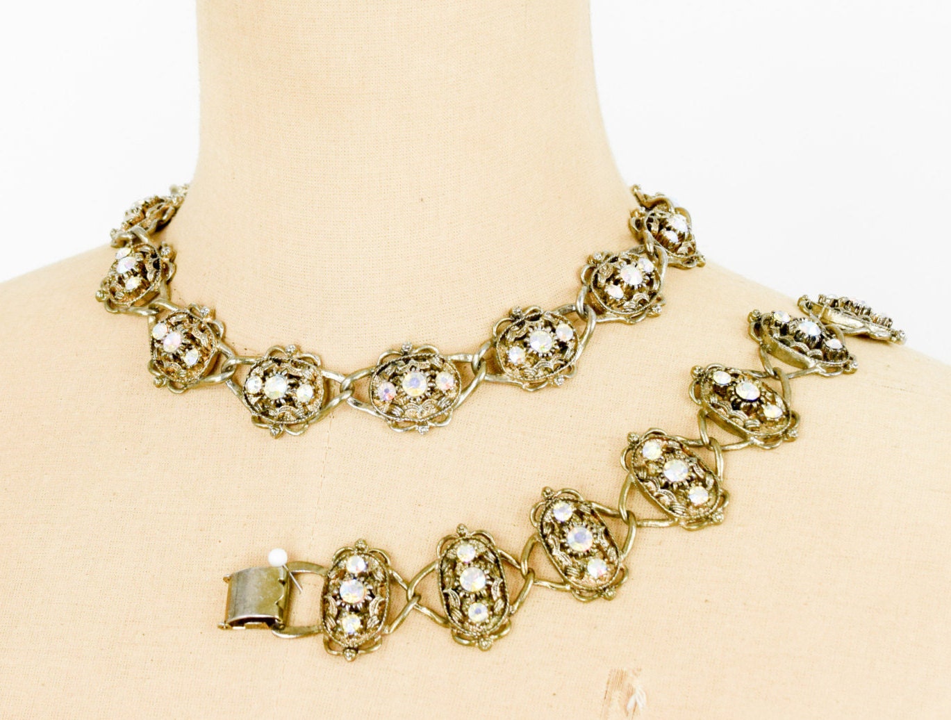 1950s Rhinestone Necklace Bracelet Set | Bronze Tone Baroque Jewelry
