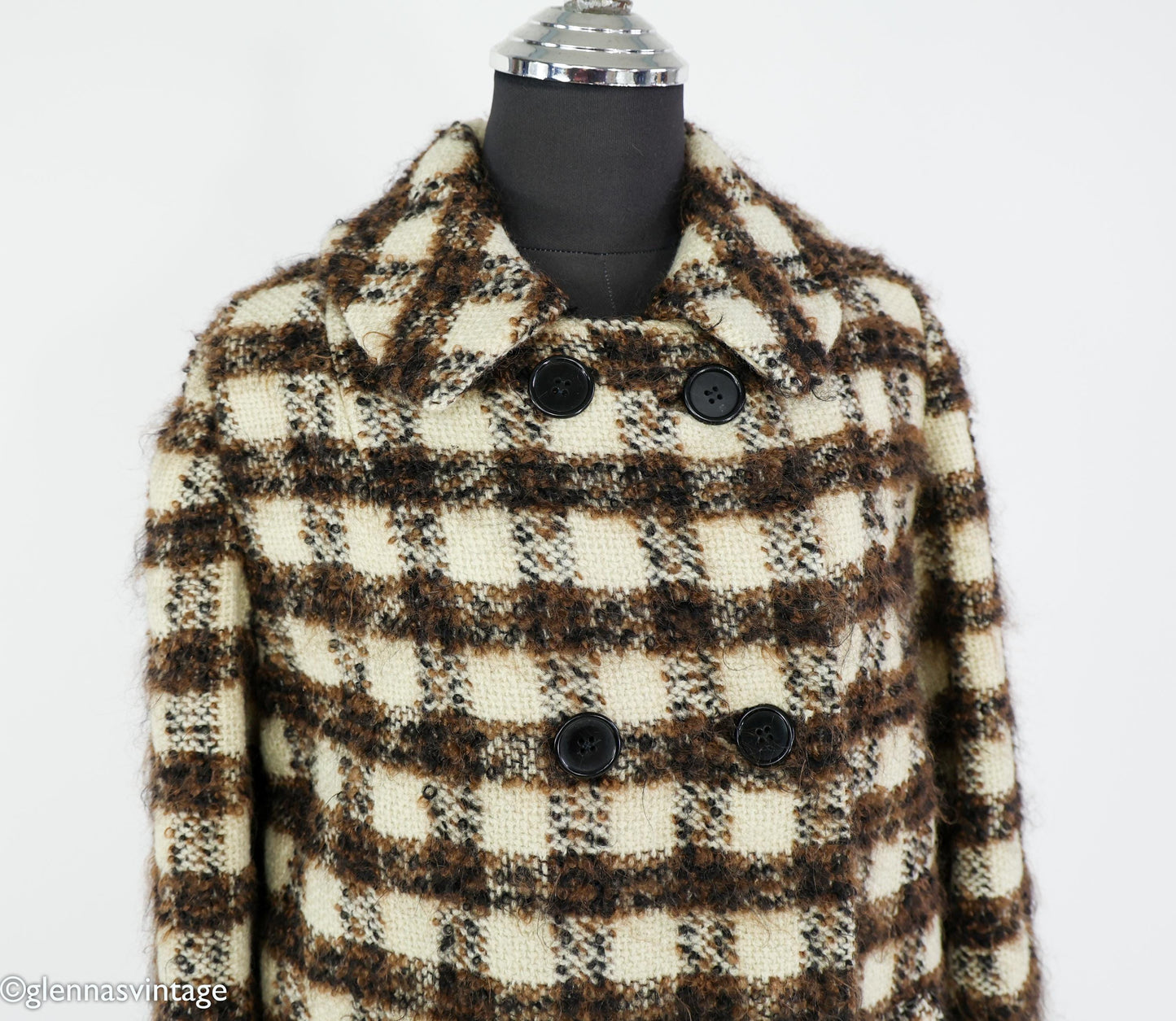 1960s Brown & Creme Plaid Wool Coat, Large