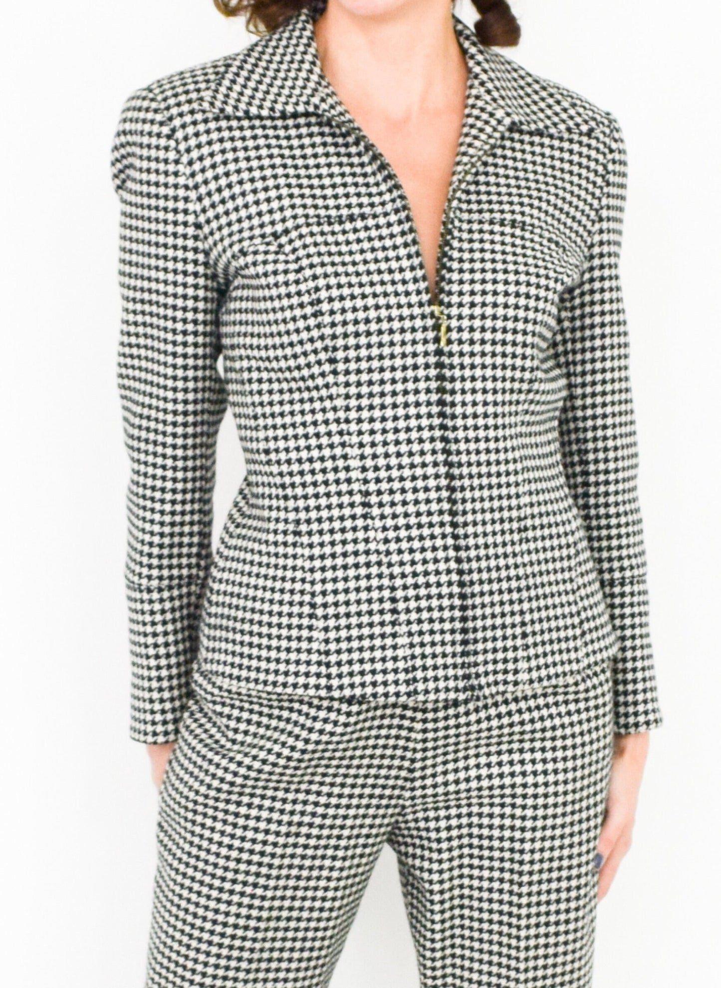 1970s Lilli Ann Grey Houndstooth Wool Pantsuit, Jacket & Pants Set, Medium