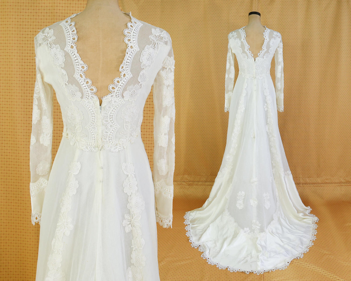 1970s Ivory Lace Wedding Gown | Vintage Wedding Dress & Long Train, Medium