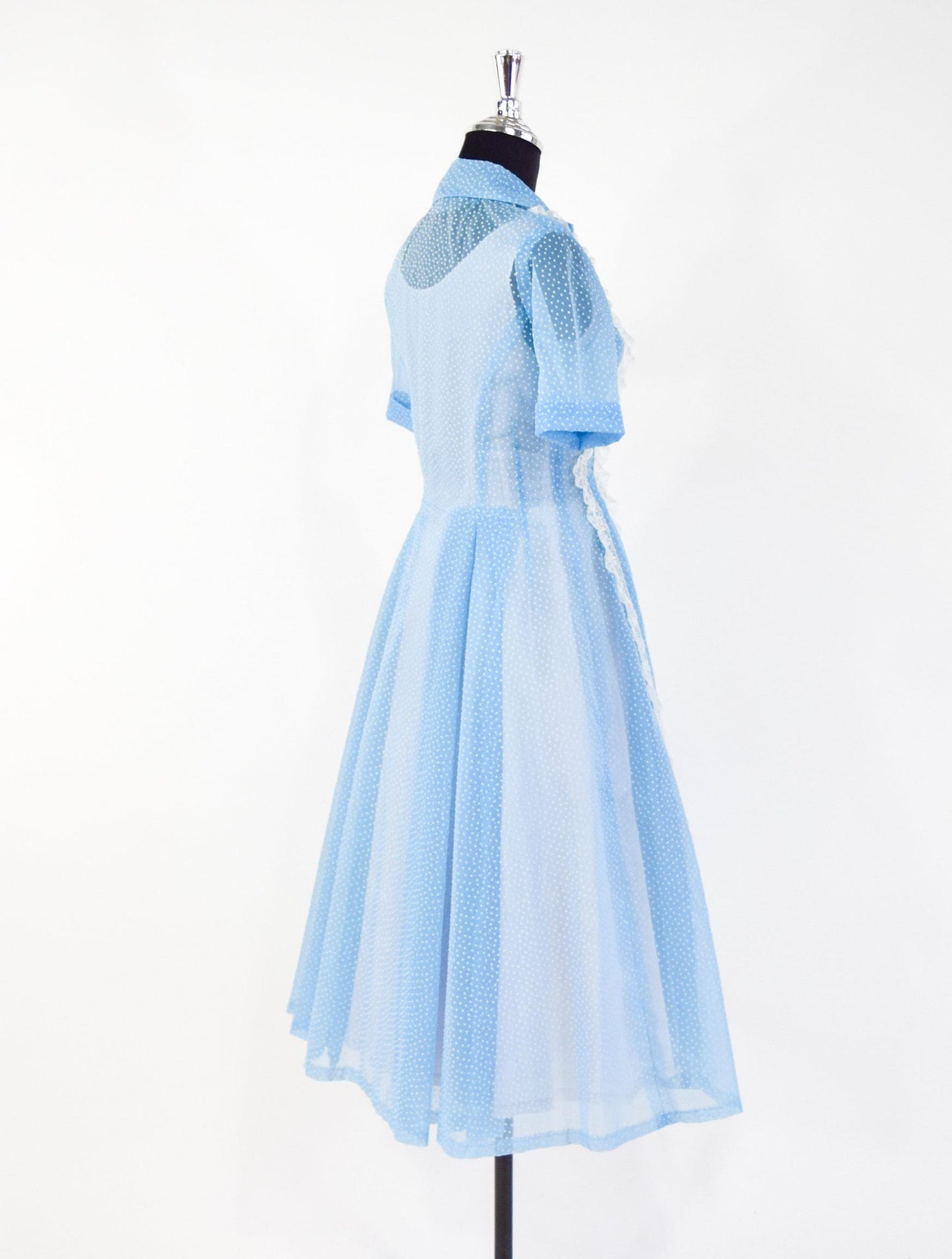 1950s Blue Dotted Swiss Dress with White Lace Trim, Small