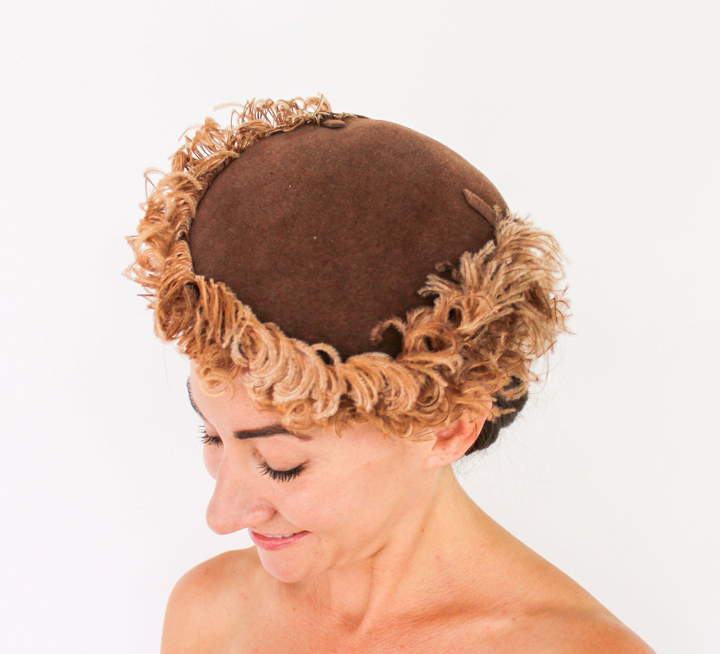 1950s Brown Wool Velour Saucer Hat | Vintage Feather Trim