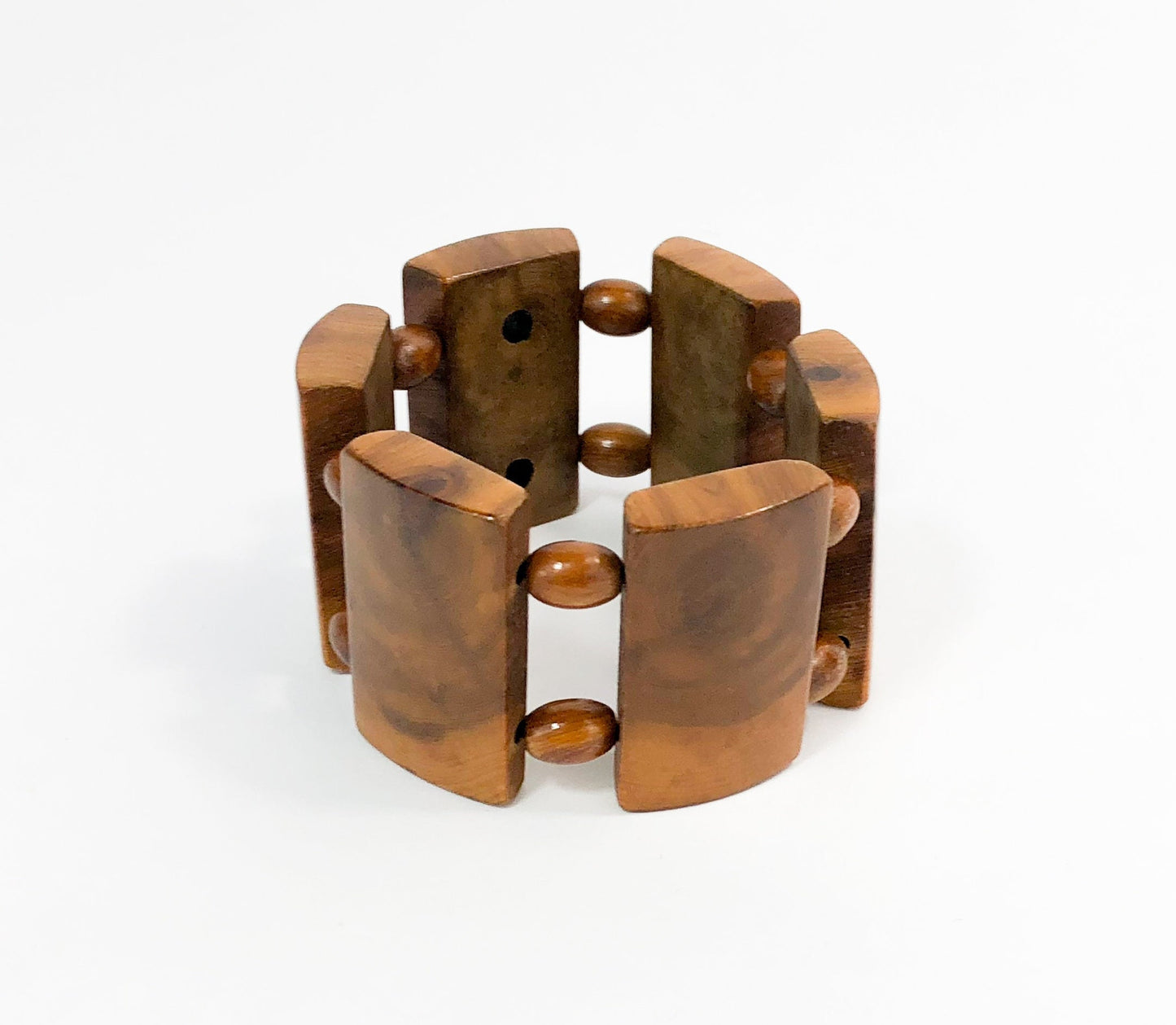1950s Wood Link Bracelet | 50s Wooden Rectangles Bracelet | Wood Expansion Bracelet
