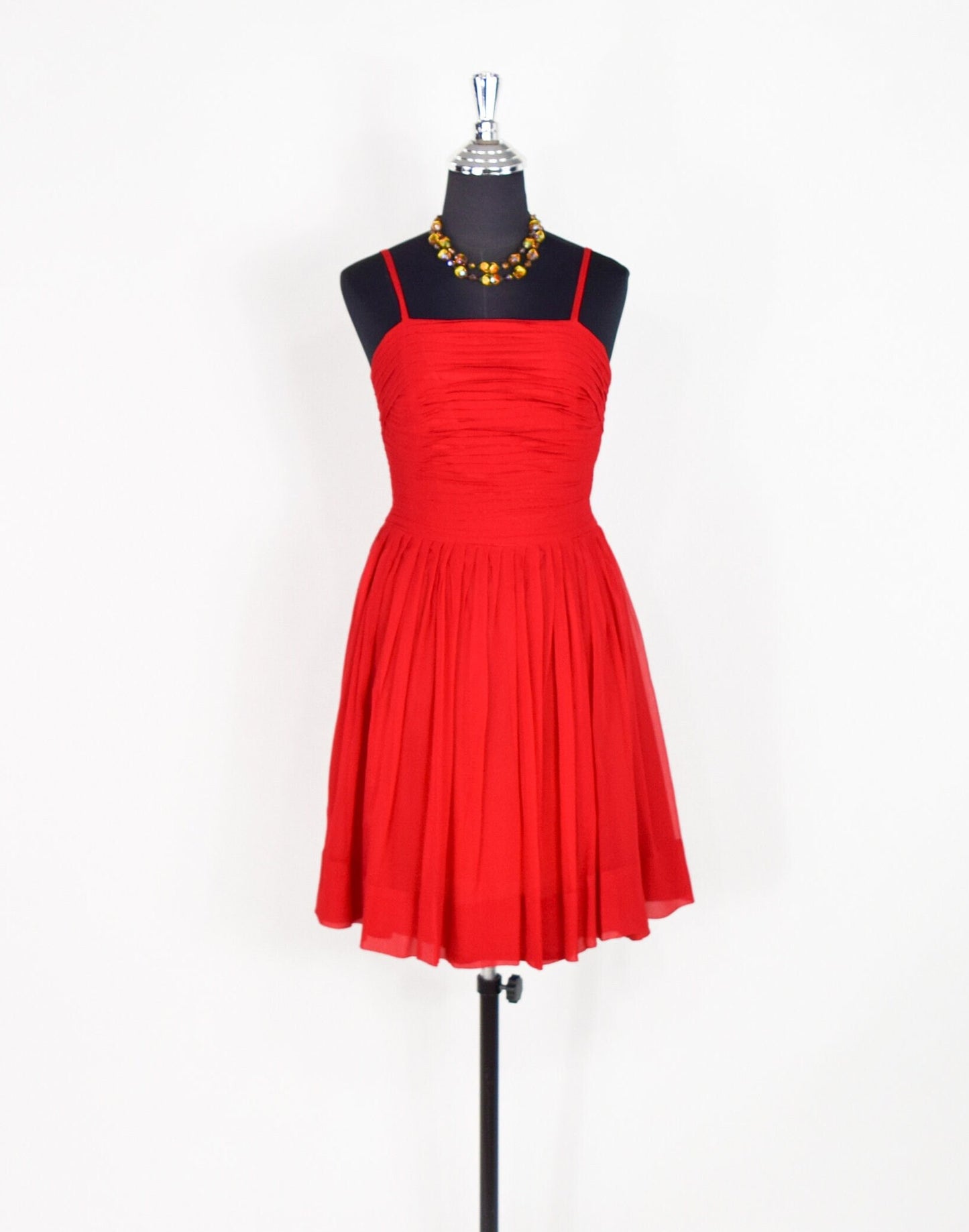 1950s Red Chiffon Party Dress with Pleated Bodice, Extra Small