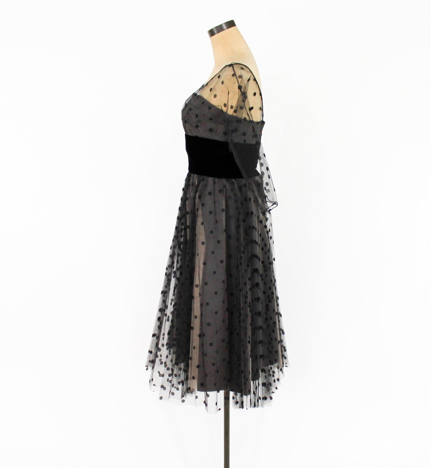 1950s Black Polka Dot Party Dress | 50s Black Tulle Cocktail Dress | Old Hollywood | X Small