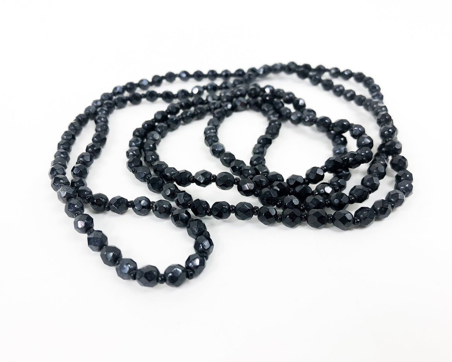 1960s Glass Beaded Necklace | 60s Black Faceted Glass Bead Rope