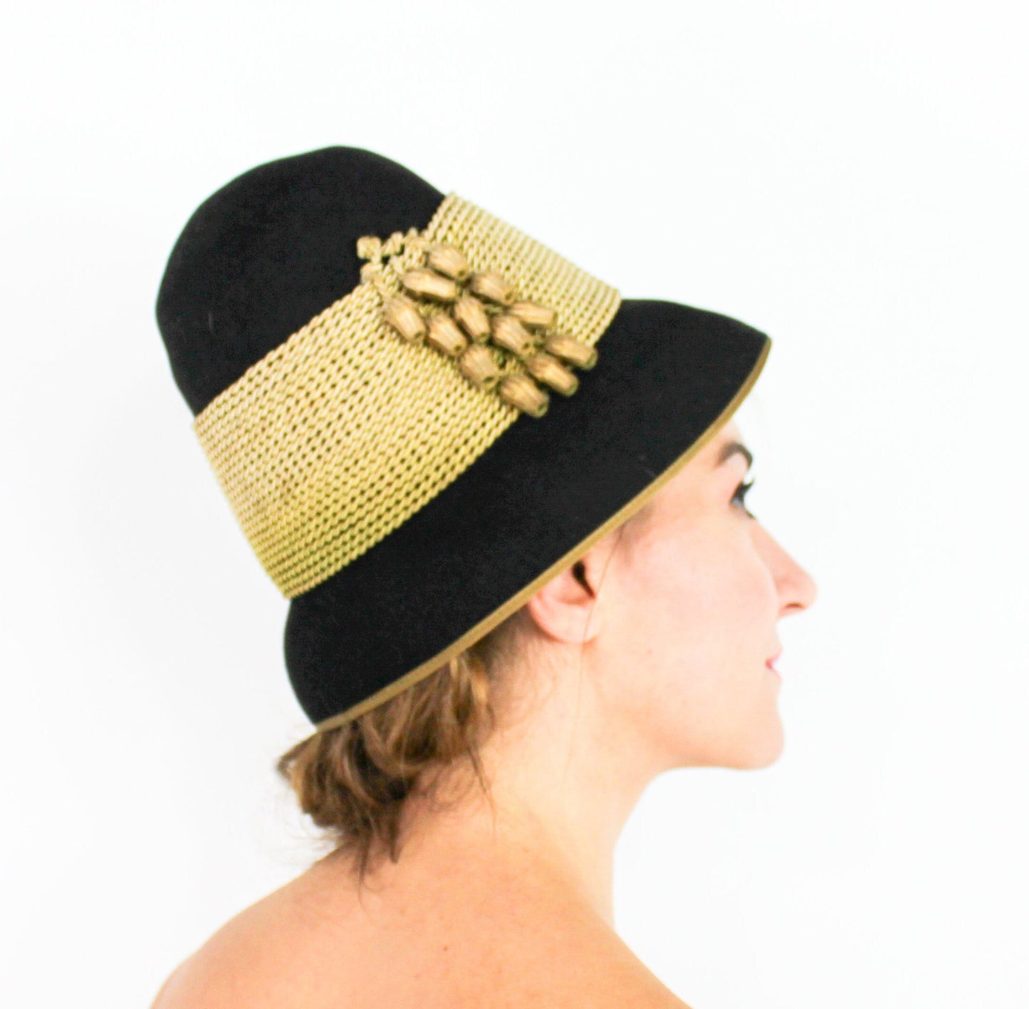 1930s Black & Gold Wool Felt Cloche